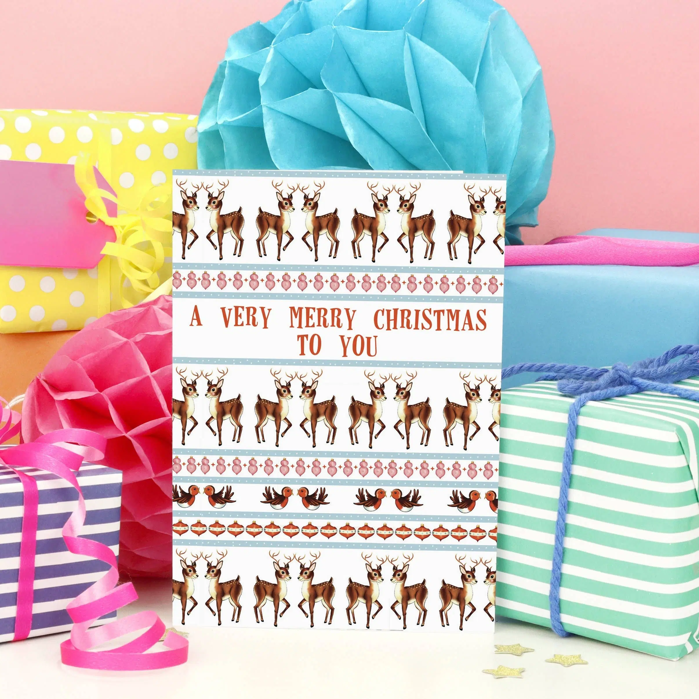 Retro Scandi Reindeer Pattern Christmas Card | Mid-century