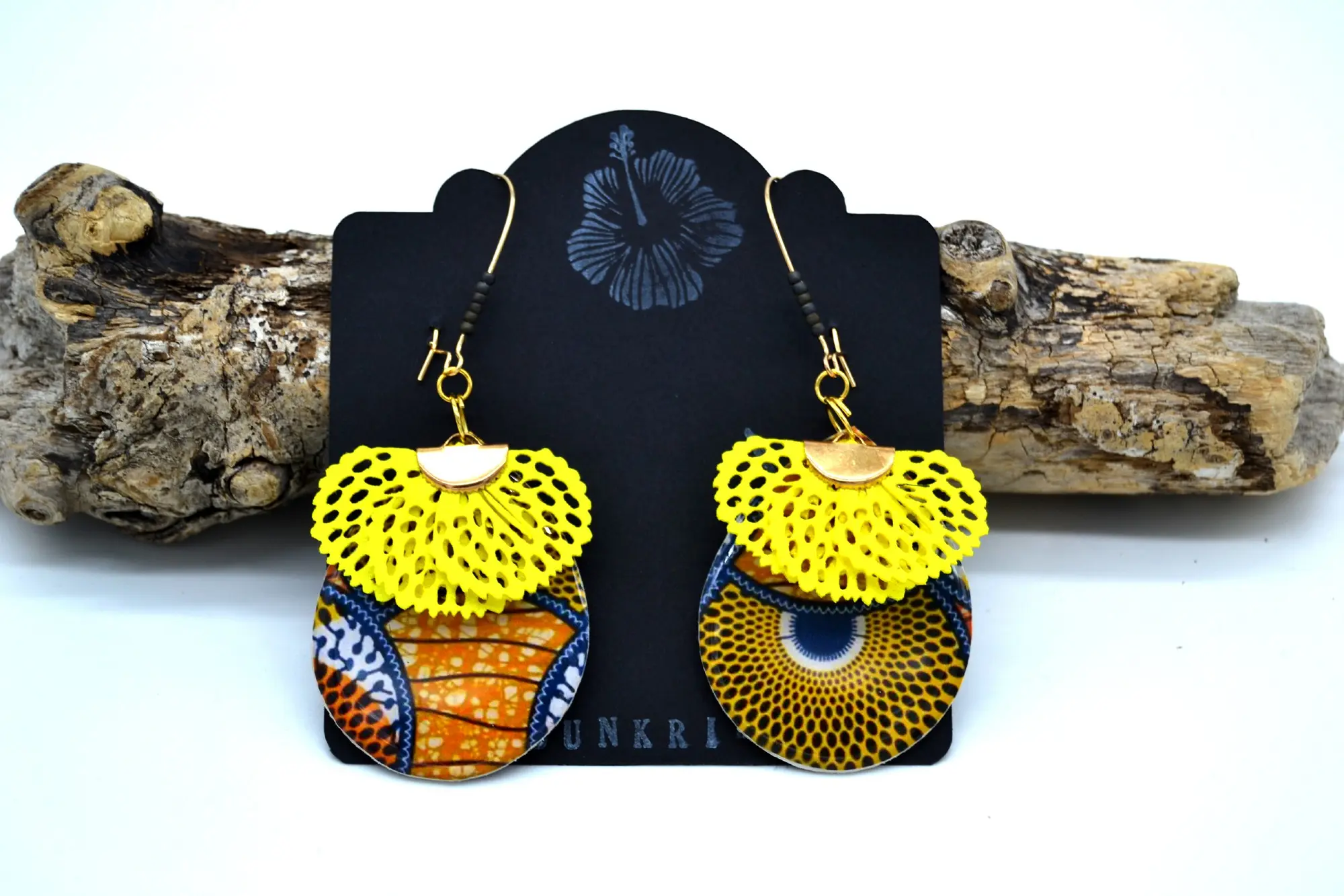 Dangle earrings - Wax print patterns, fan-shaped tassel, orange and yellow - Ethnic style