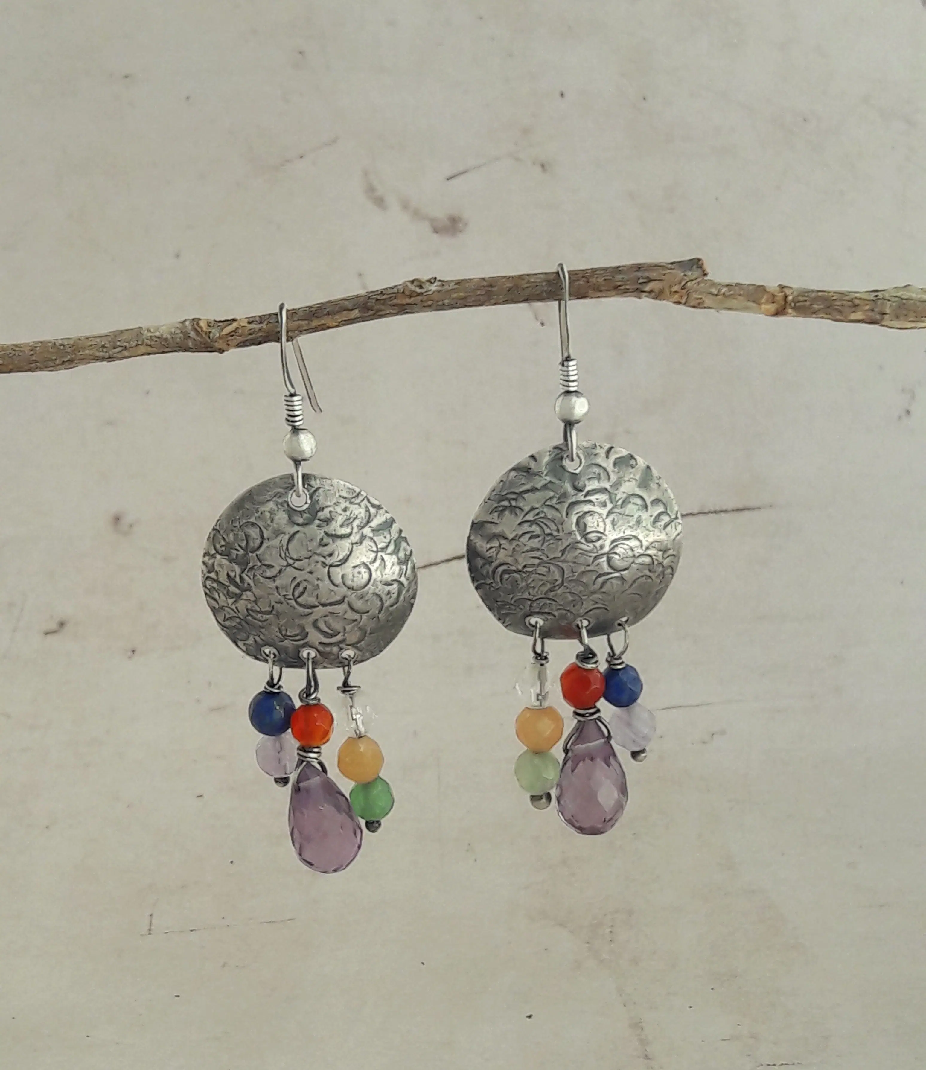 Boucles D'Oreilles Ethniques Salvador Argent 925 et Pierres Naturelles
