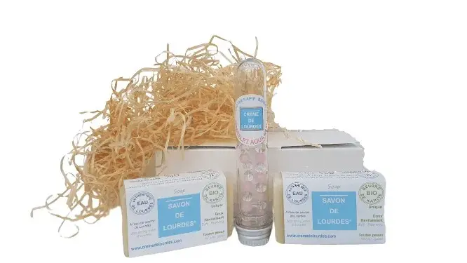Lourdes Cream Gift Set No. 5: Duo of Solid Lourdes Soaps, 1 AQUA MEMO Bracelet