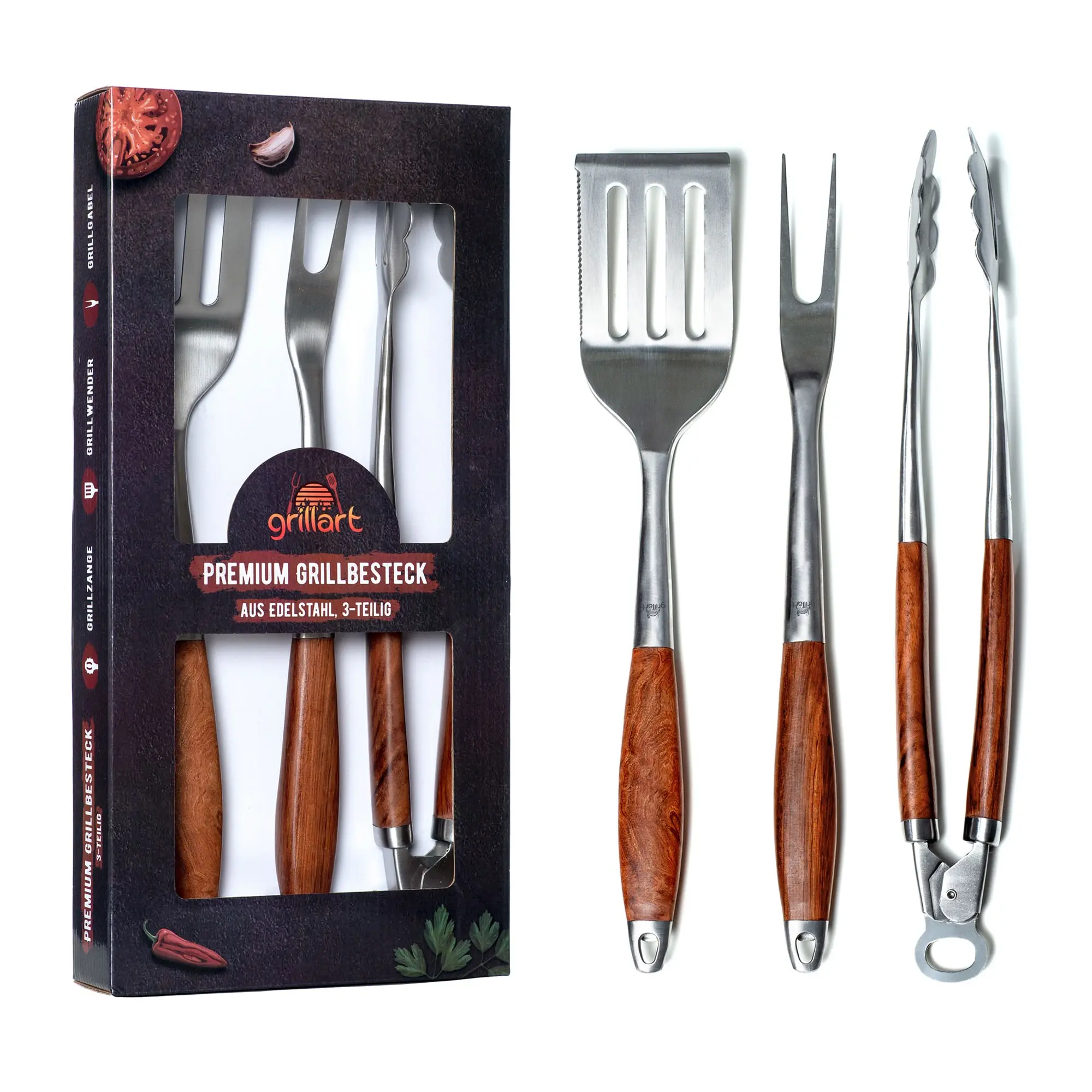grillart® Premium Grillbesteck Set, 3-teilig aus hochwertigem Edelstahl und edlen Holzgriffen