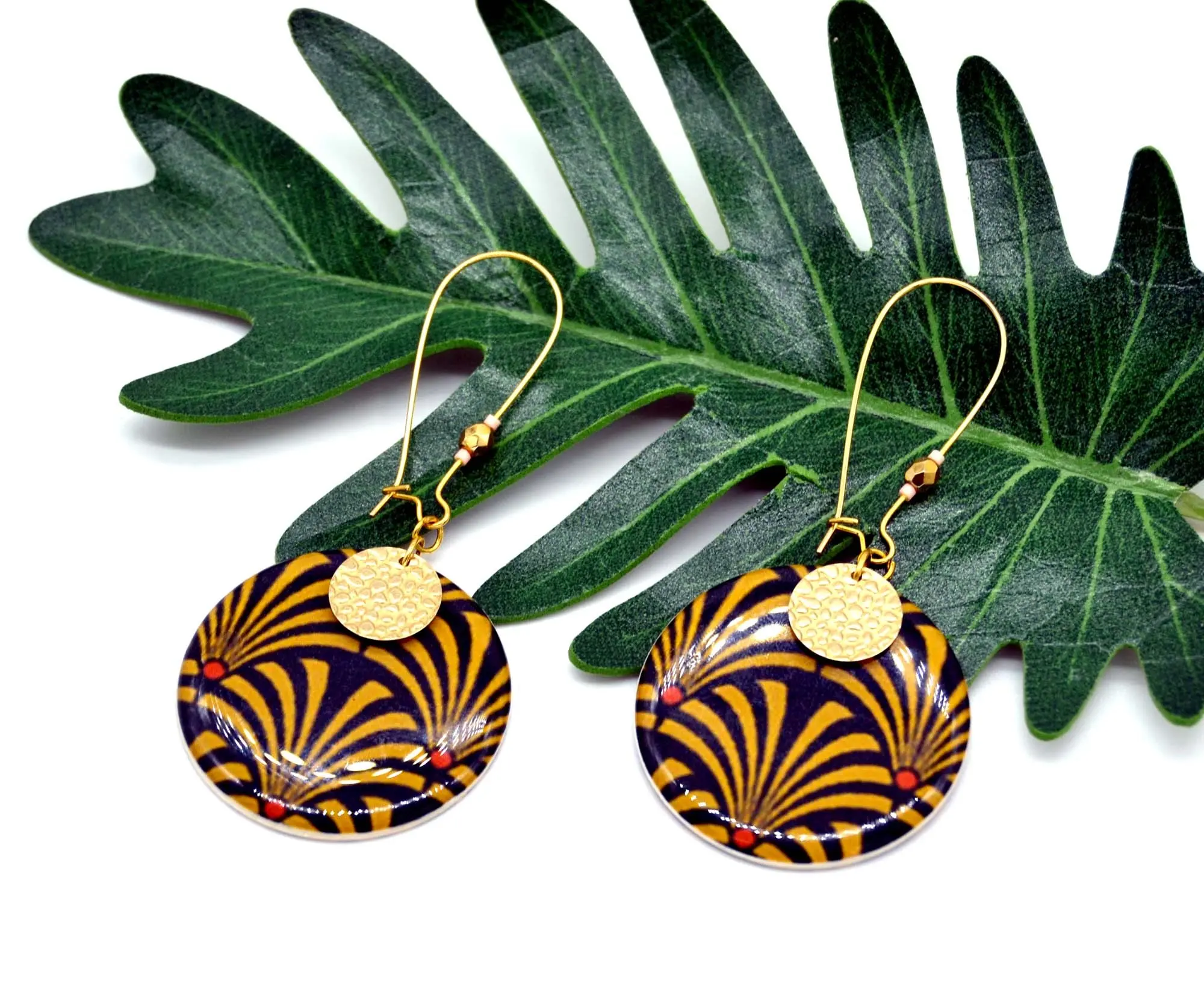 Japanese paper earrings with fan pattern black gold yellow