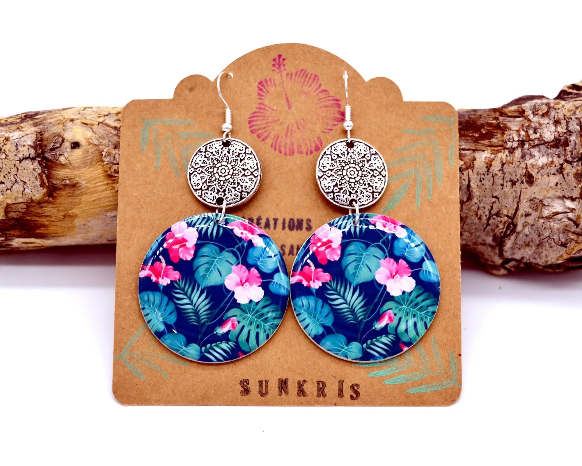 tropical flower earrings pink green hibiscus pattern and ethnic silver connector