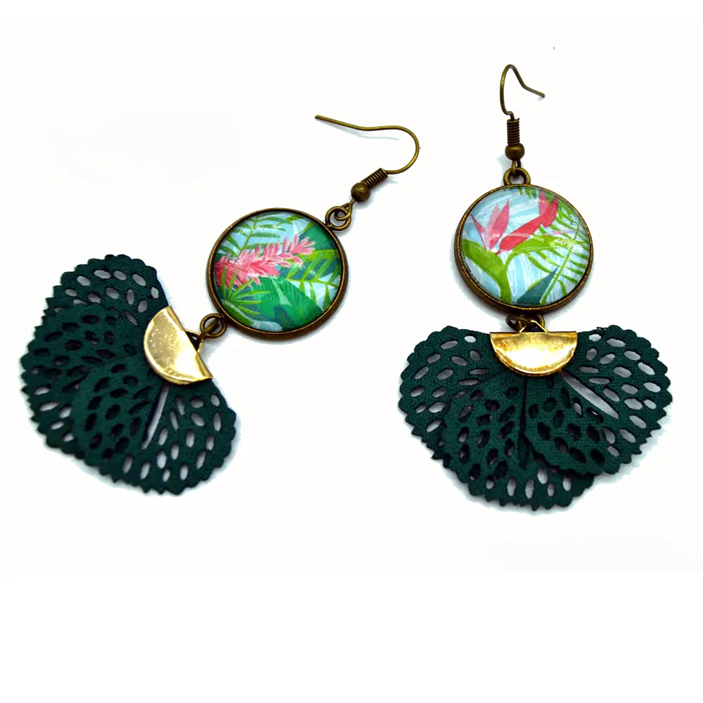 Earrings - cabochon tropical flowers, green and pink - original jewelry