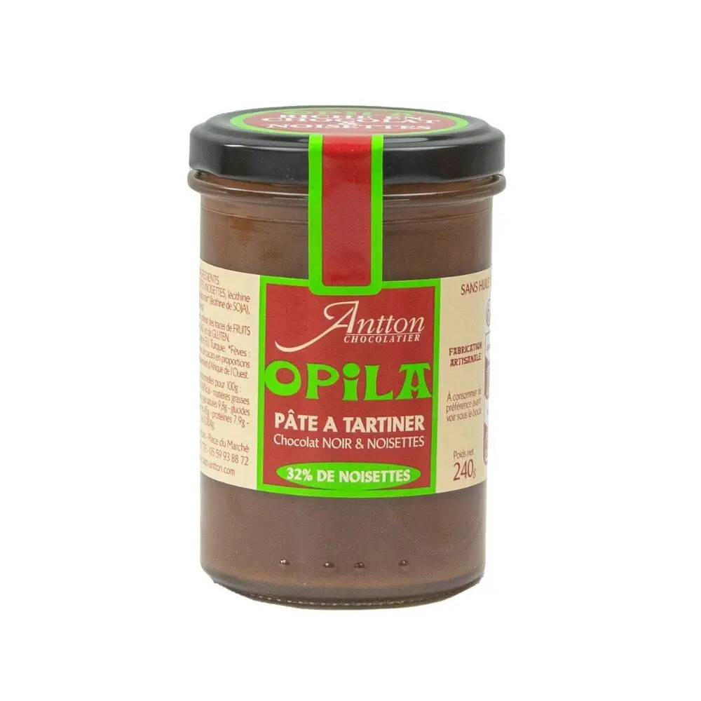 Glass jar of dark chocolate hazelnut spread without palm oil, 240 g
