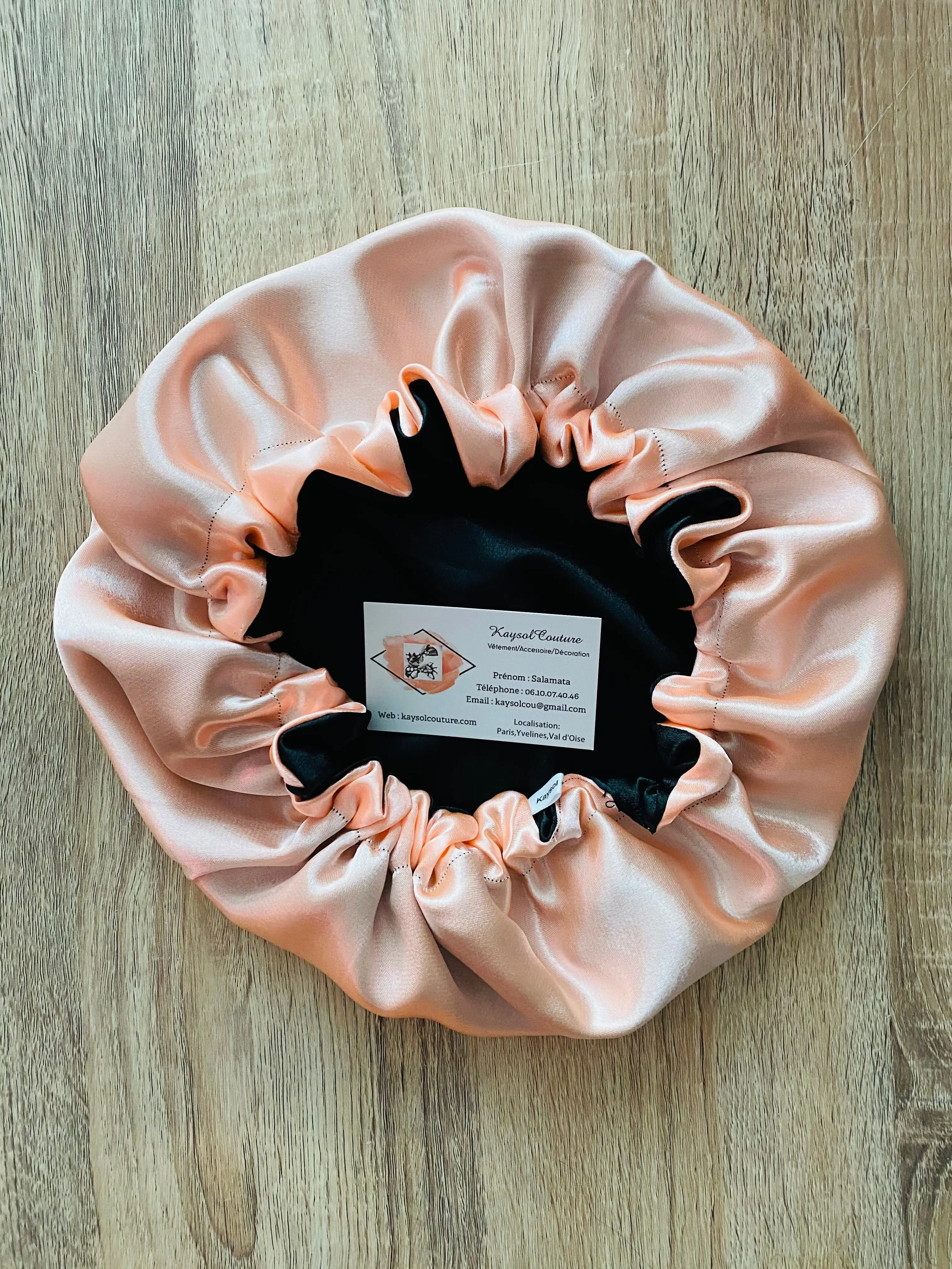 Satin bonnet Mariam -Recto verso salmon black