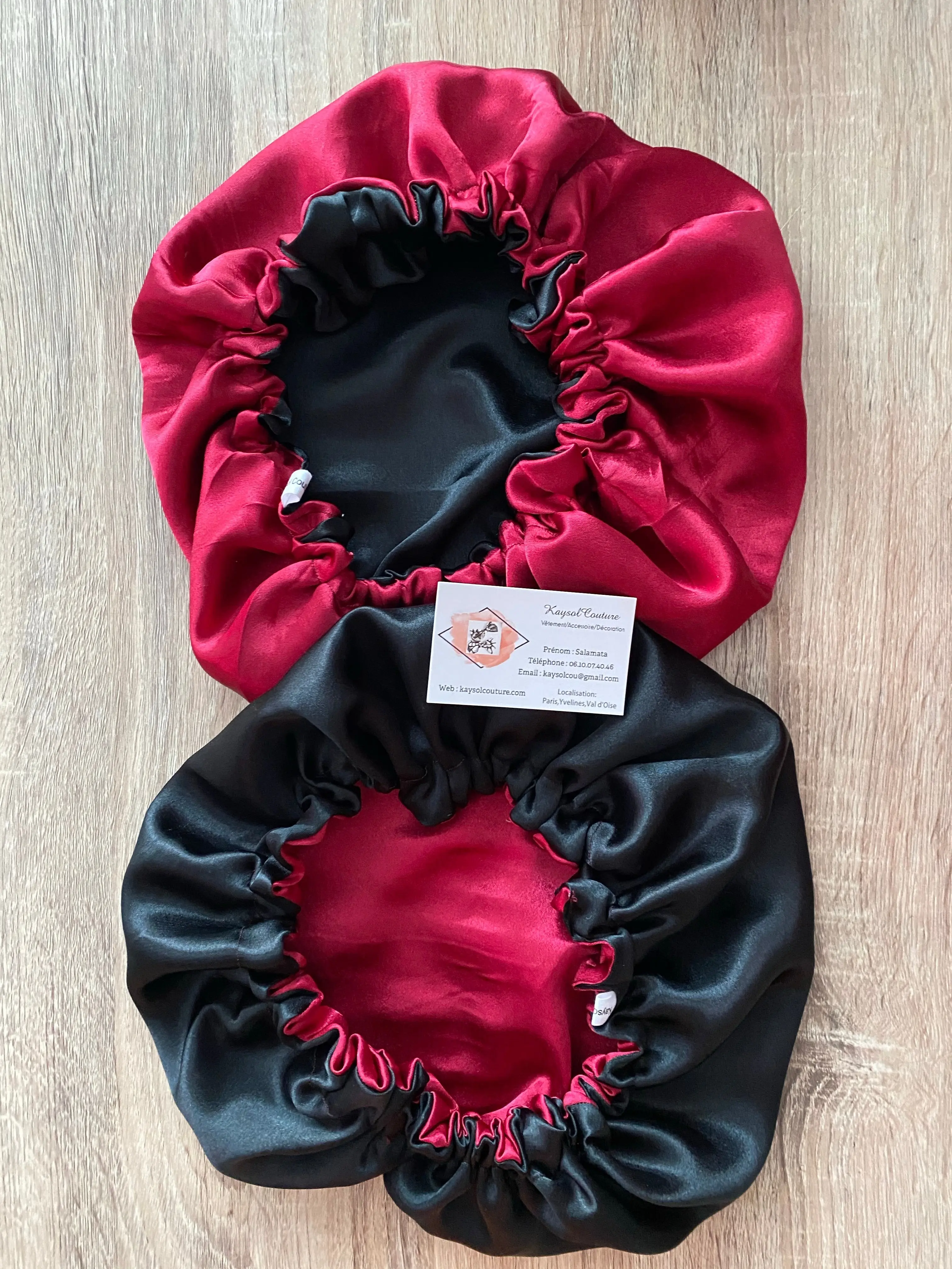 Satin bonnet Mariam -Recto verso Black burgundy