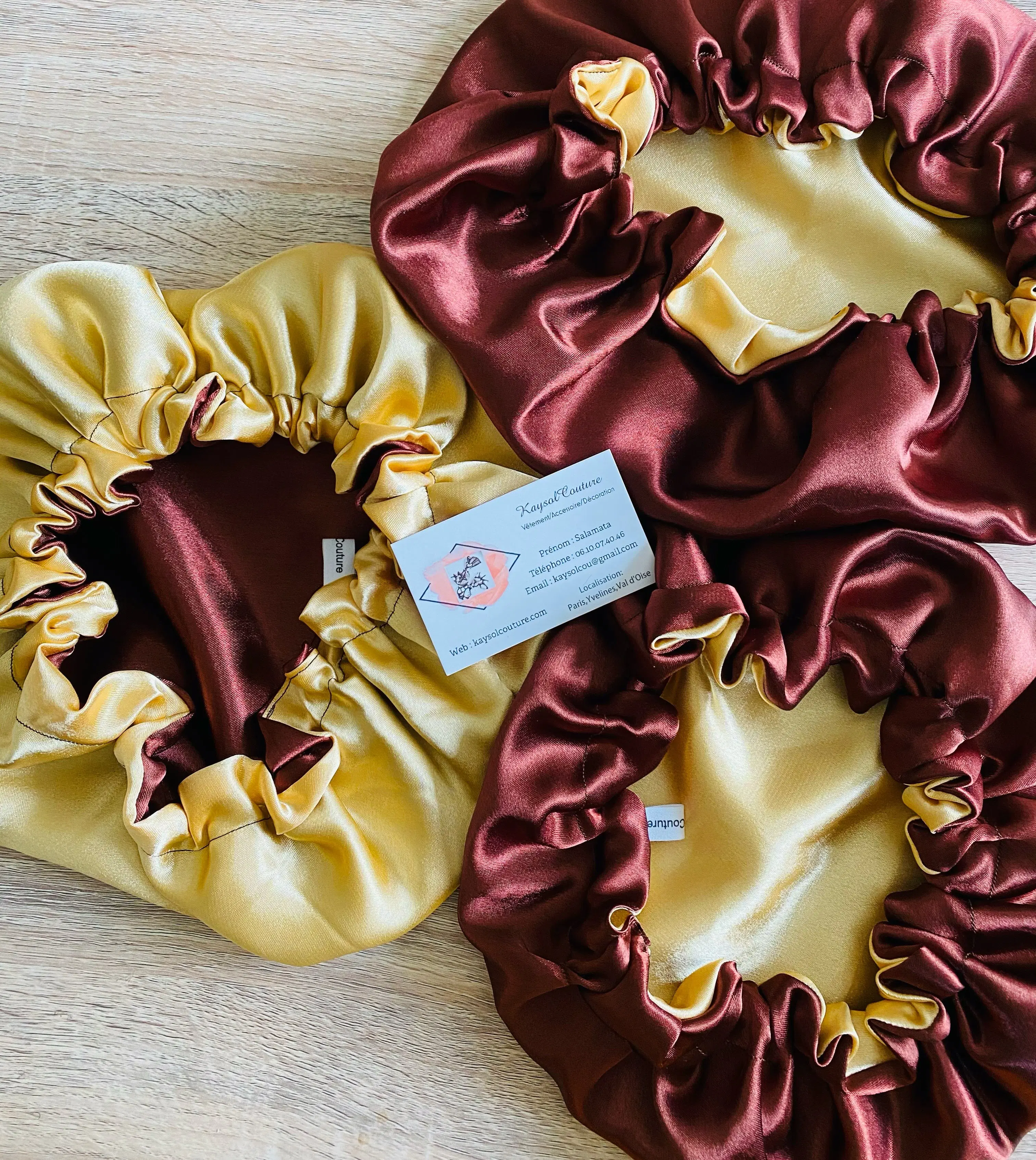 Satin bonnet Mariam -Recto verso brown beige gold
