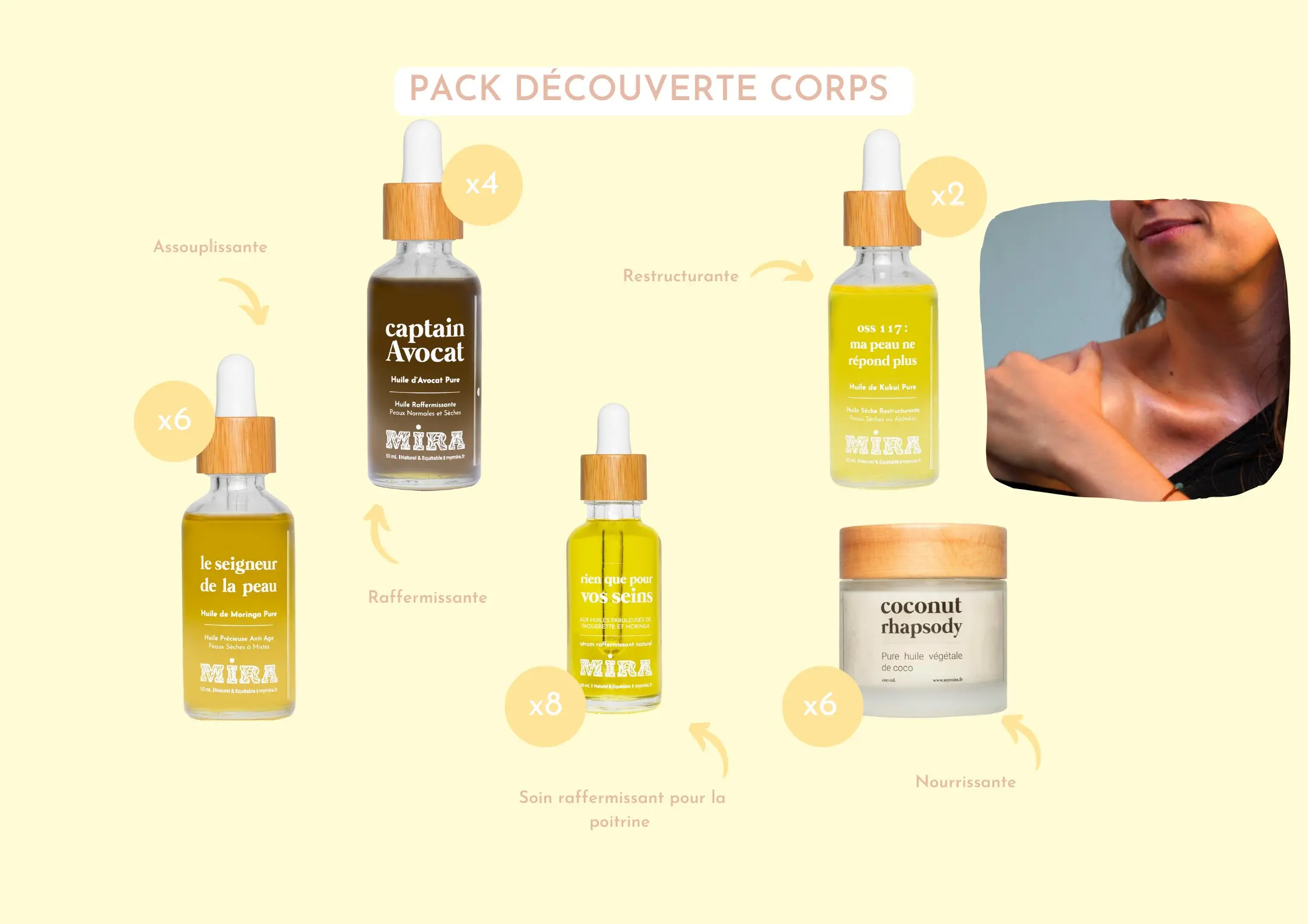 Pack découverte Soin du corps - 5 huiles naturelles : huile pure de Moringa, Coco, Avocat, Kukui et sérum naturel raffermissant poitrine