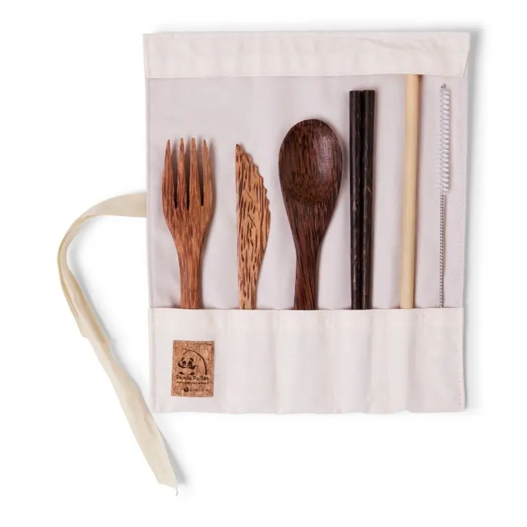 Set de couverts en bois de cocotier avec baguettes -  tissu ecru