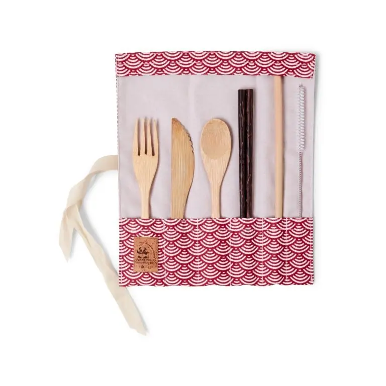 Set de couverts en bambou avec baguettes - tissu écailles rouges