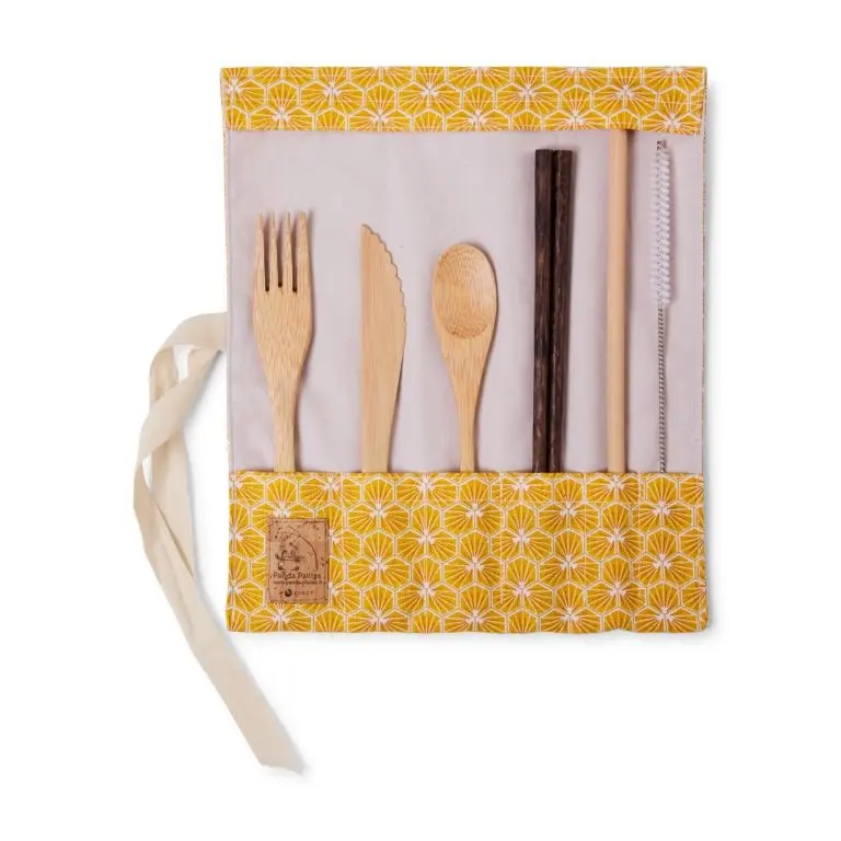 Set de couverts en bambou avec baguettes - tissu hexagones jaunes