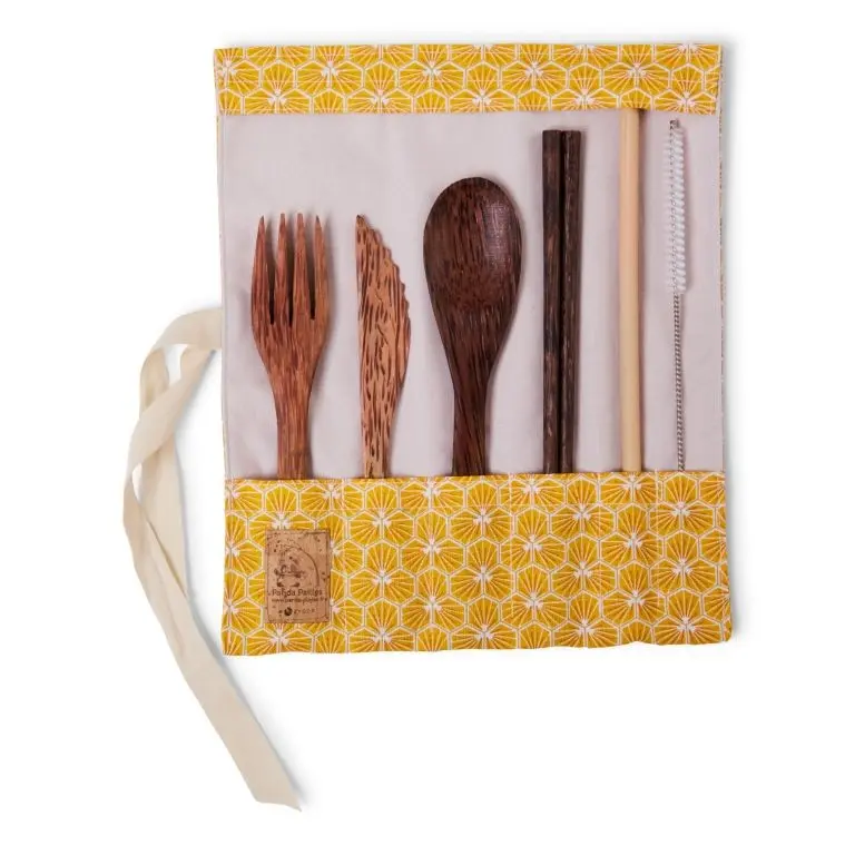 Set de couverts en bois de cocotier avec baguettes -  tissu hexagones jaunes