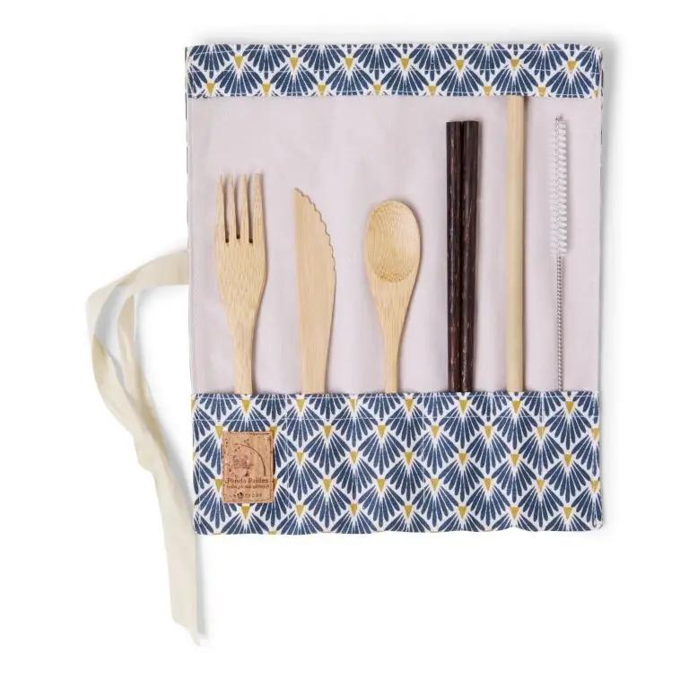 Set de couverts en bambou avec petite cuillère -  tissu paon bleu