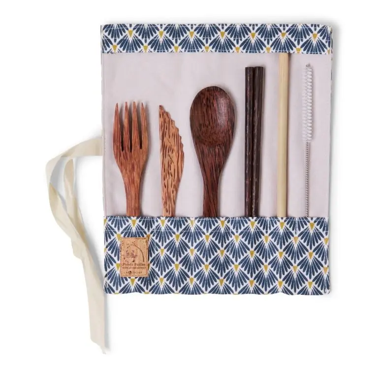 Set de couverts en bois de cocotier avec baguettes -  tissu paon bleu