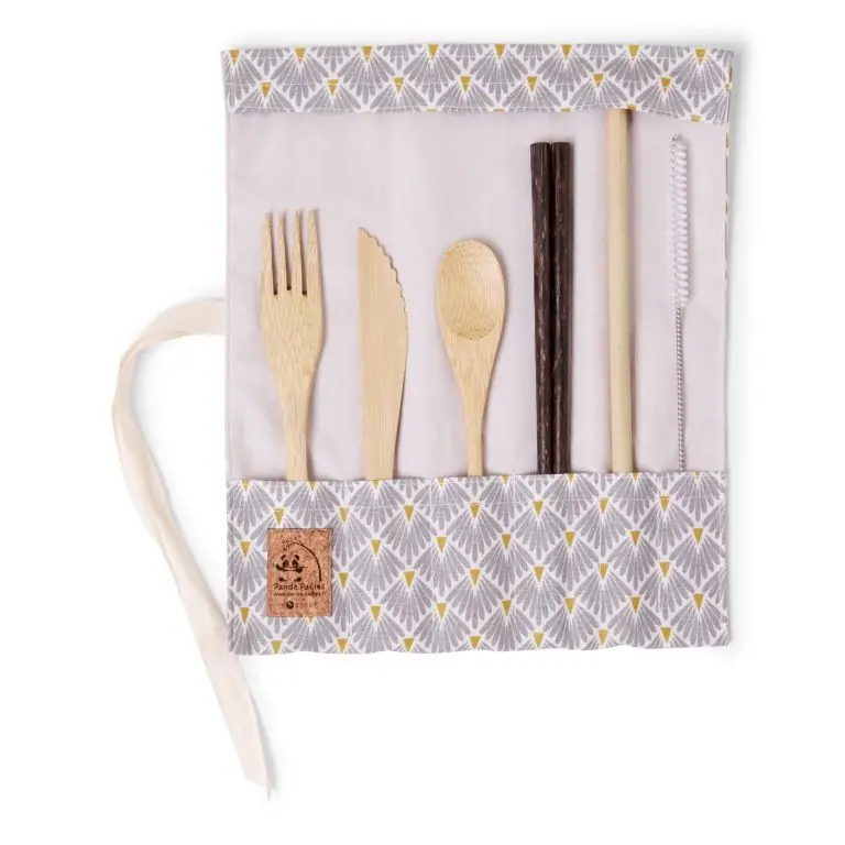 Set de couverts en bambou avec petite cuillère - tissu paon gris