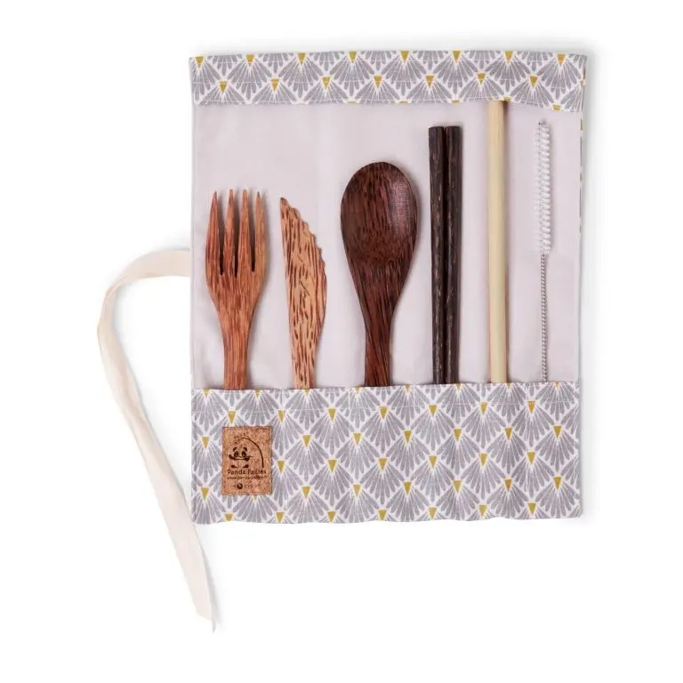 Set de couverts en bois de cocotier avec baguettes - tissu paon gris 2