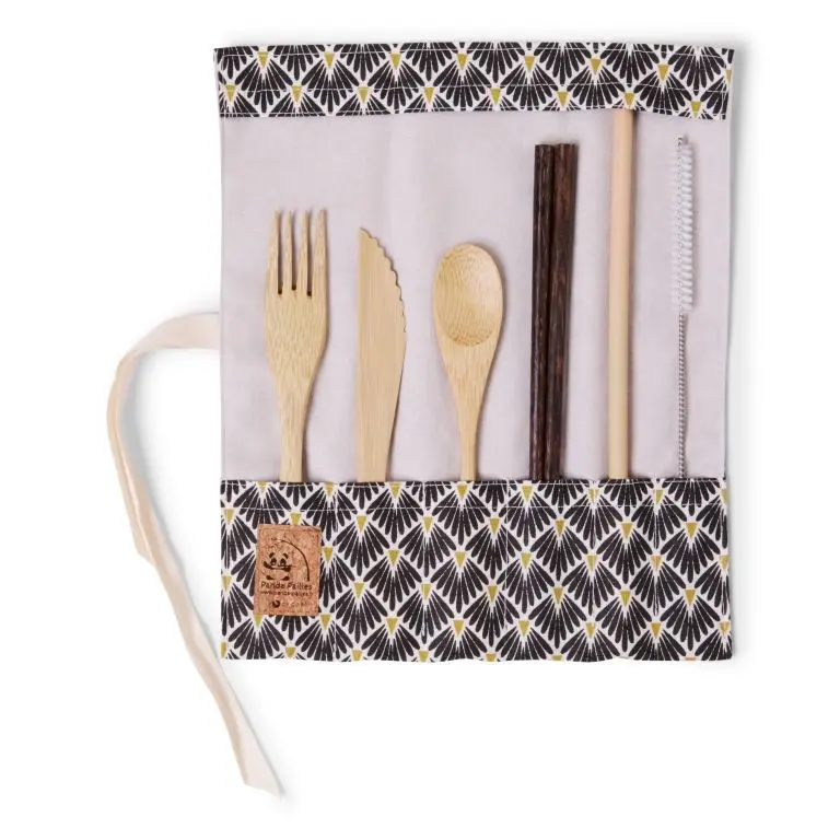 Set de couverts en bambou avec baguettes - tissu paon noir