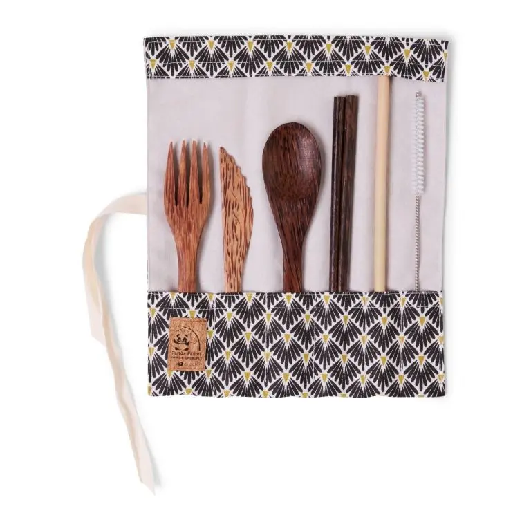 Set de couverts en bois de cocotier avec baguettes - tissu paon noir 2
