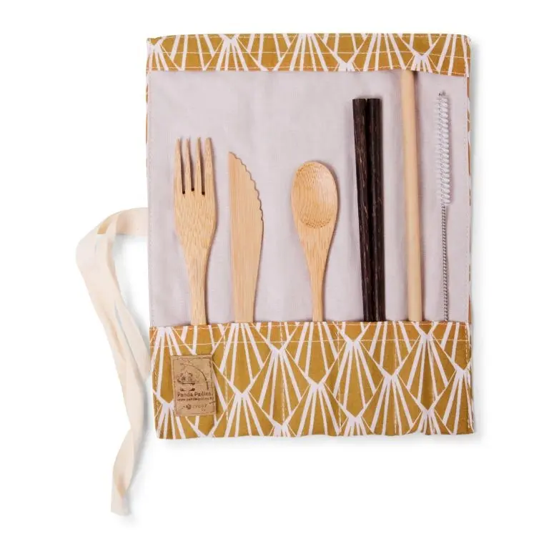 Set de couverts en bambou avec baguettes - tissu pétale moutarde