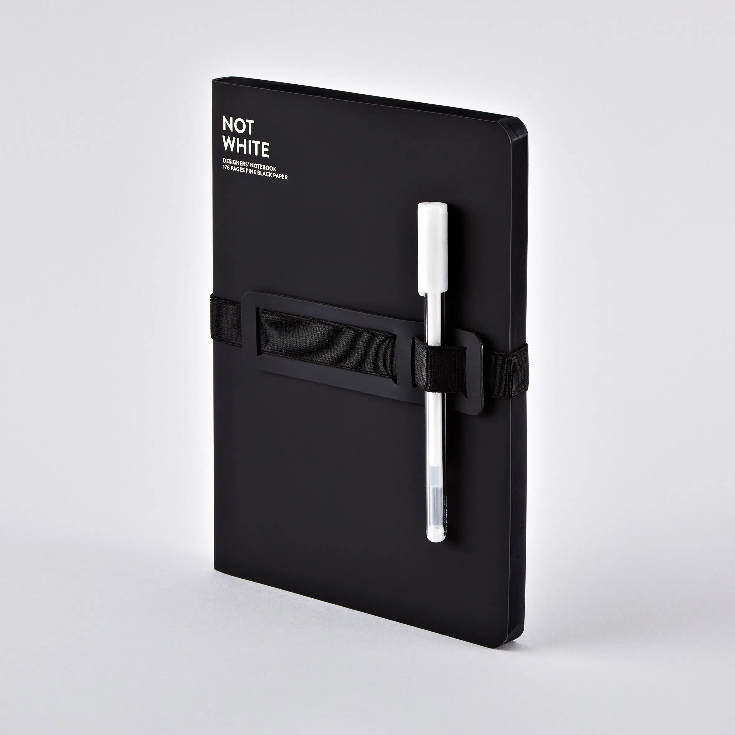 NOT WHITE – Black L Light | nuuna notebook A5+ | 176 black pages | 120g black premium paper | with pen and smartphone holder | gel pen white | sustainably produced in Germany