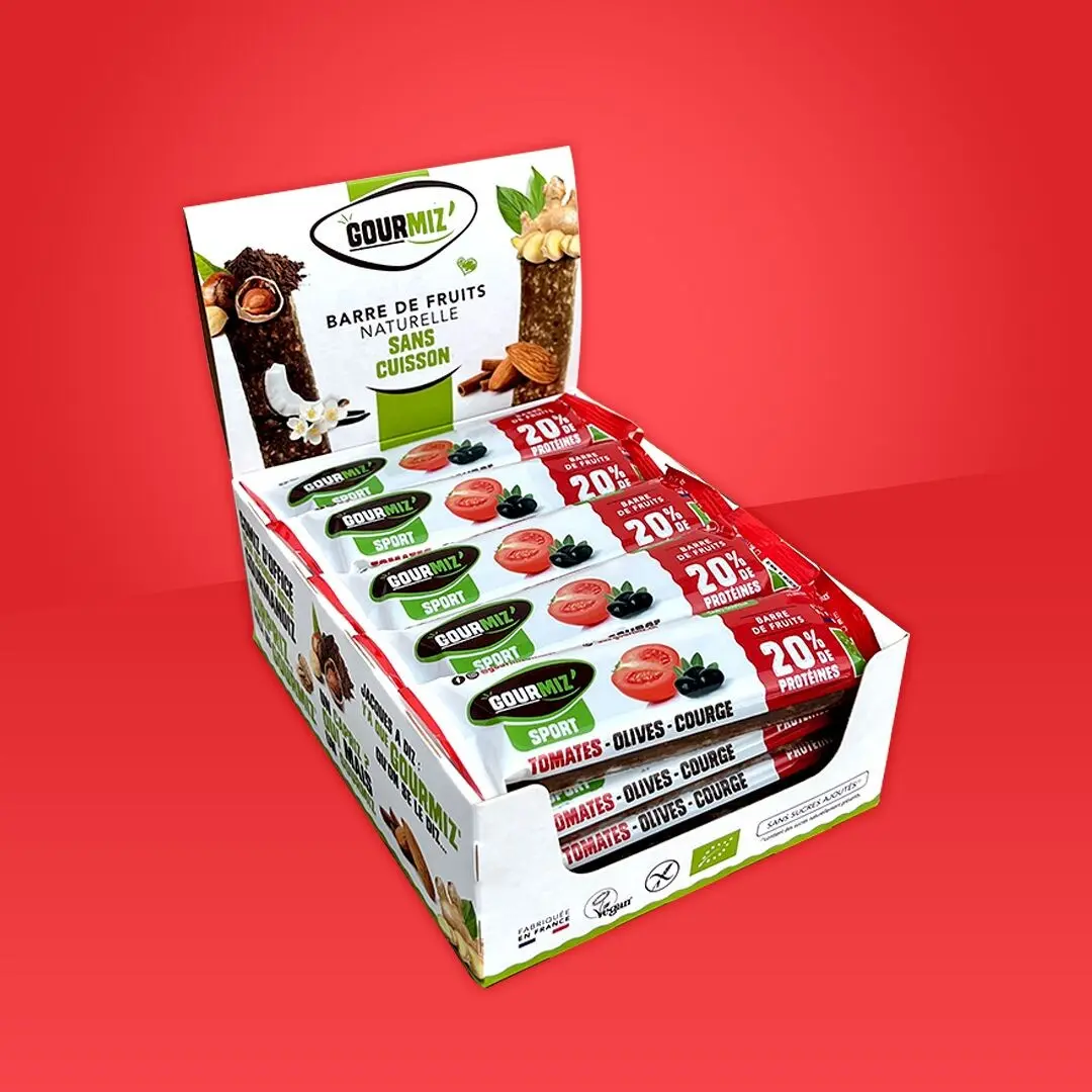 Organic protein fruit bars, tomato, olives & pumpkin seeds, 20% protein, vegan, gluten-free