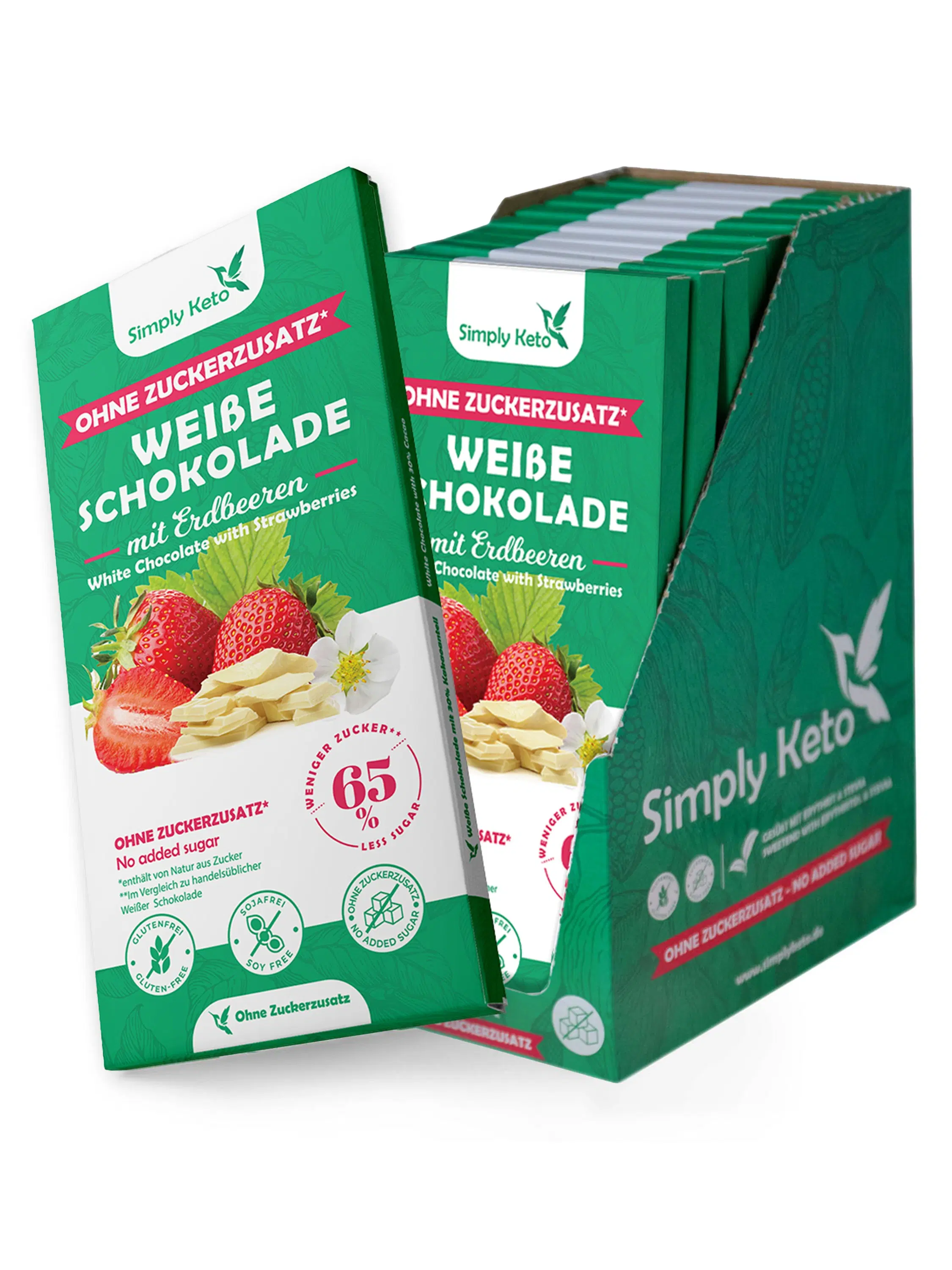 Sugar-reduced white chocolate with strawberries | 30% cocoa | 12 pack