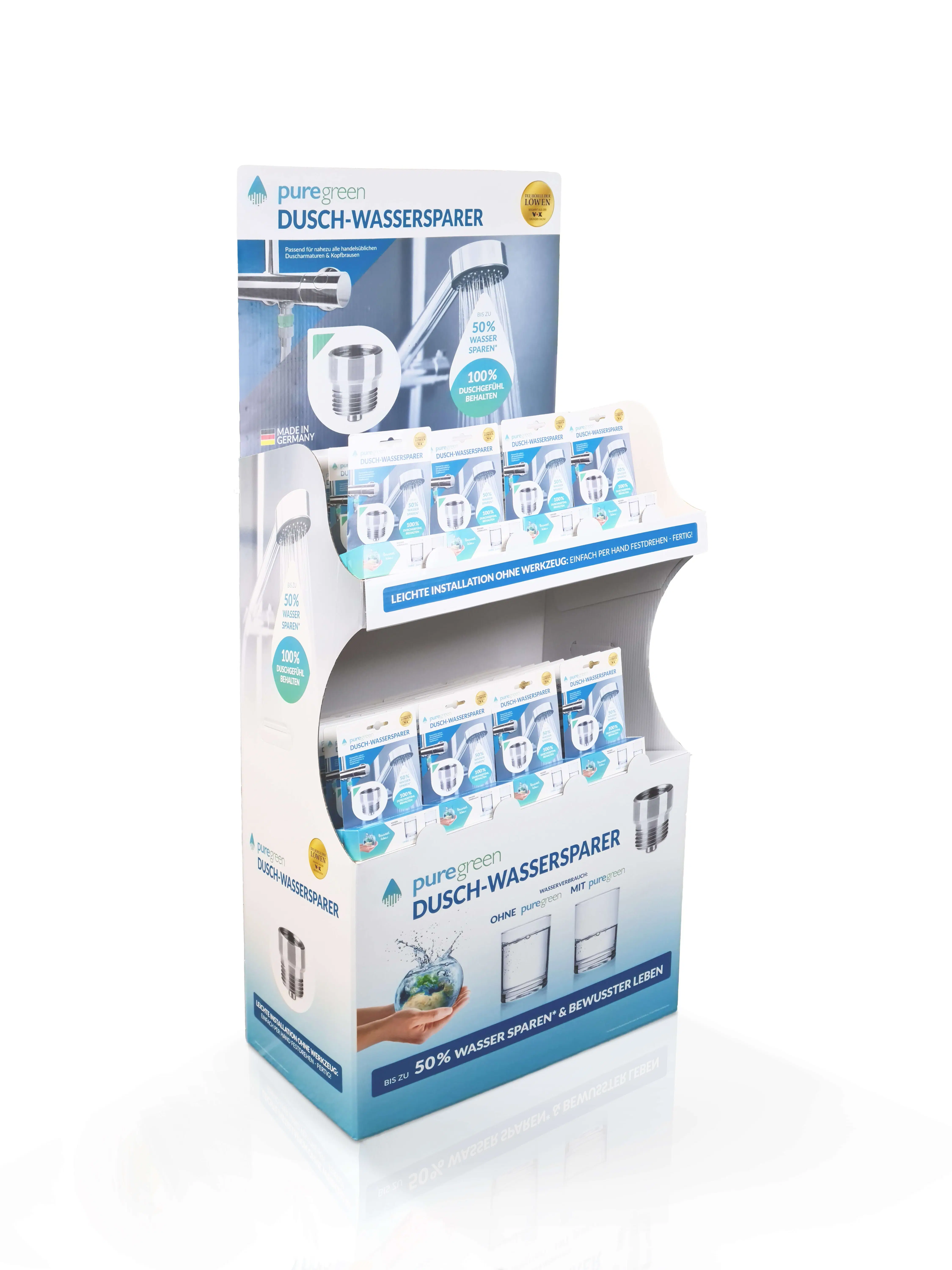 puregreen shower water saver sales display equipped with 64 articles - known from "The Lion's Den"