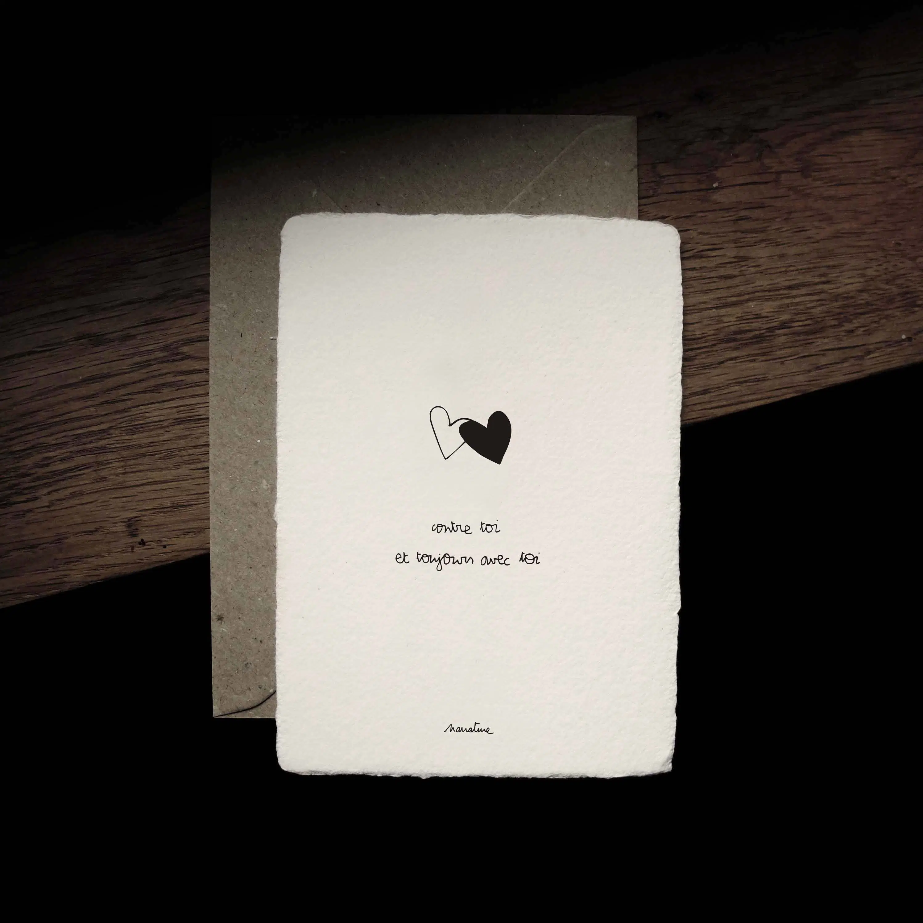 Câlin de coeur - carte 10x15 papier fait main et enveloppe recyclée