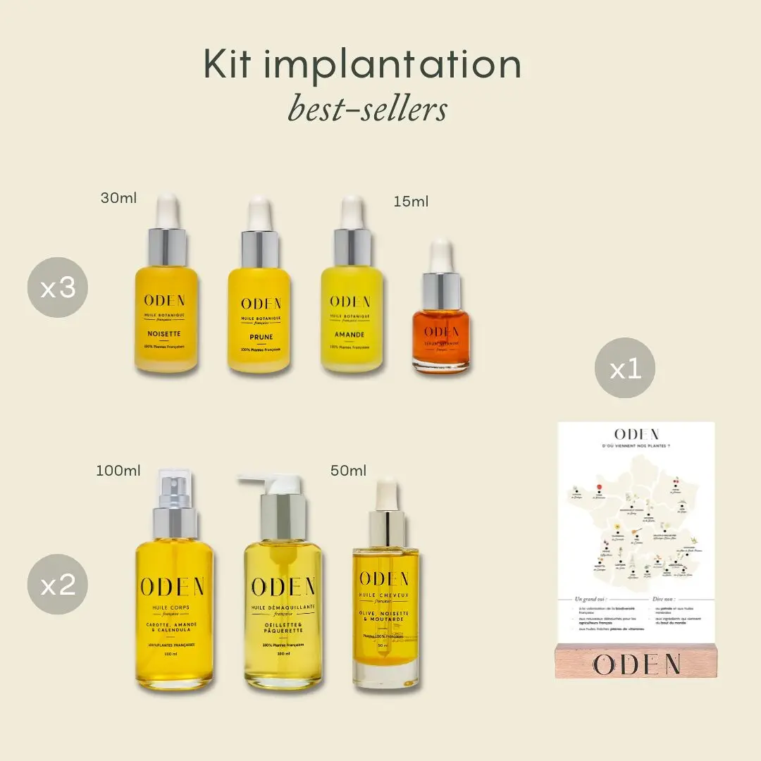 Kit de lanzamiento de primer pedido: aceites faciales, aceite limpiador, aceite corporal, aceite capilar, materiales POS y probadores