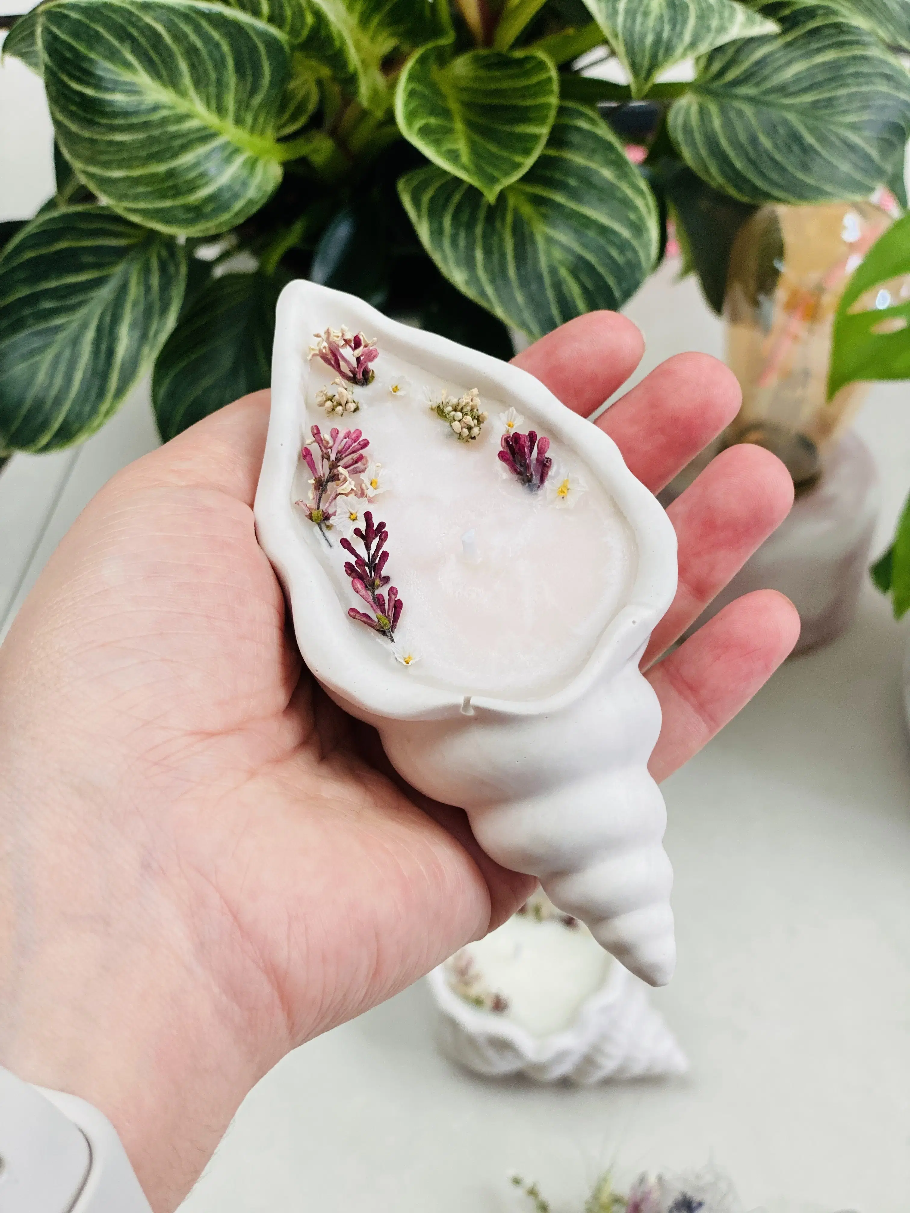 Floral Scented Candle, Jesmonite Shell Design, Pink Scent