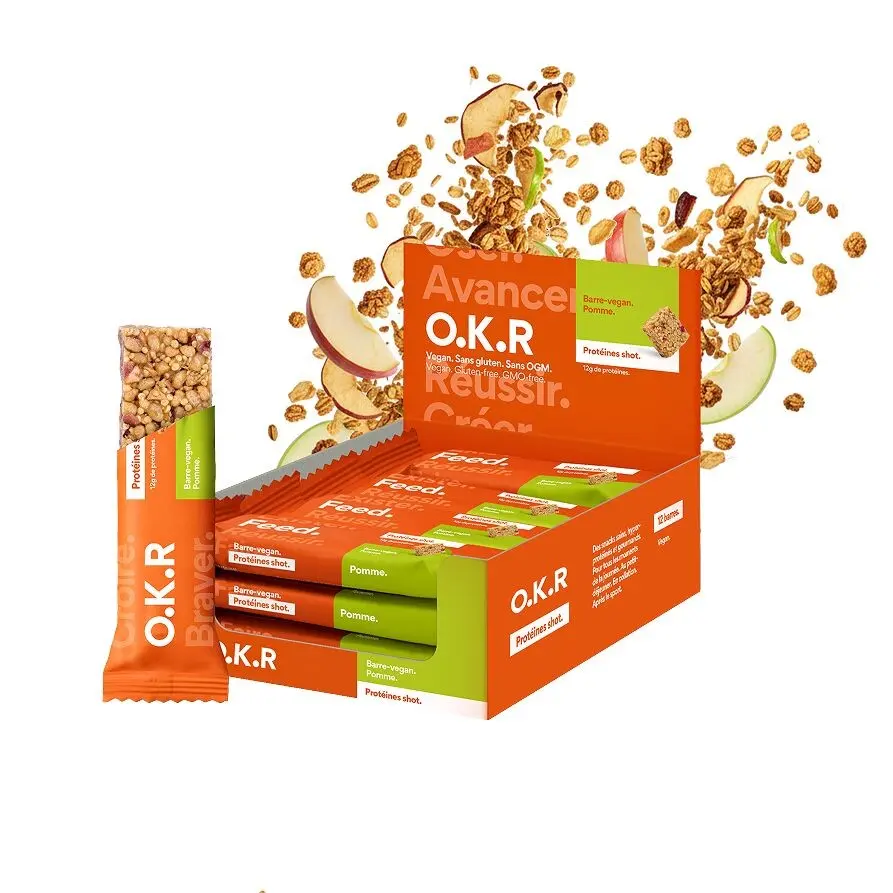 Vegan protein bar with cereals. Apple.