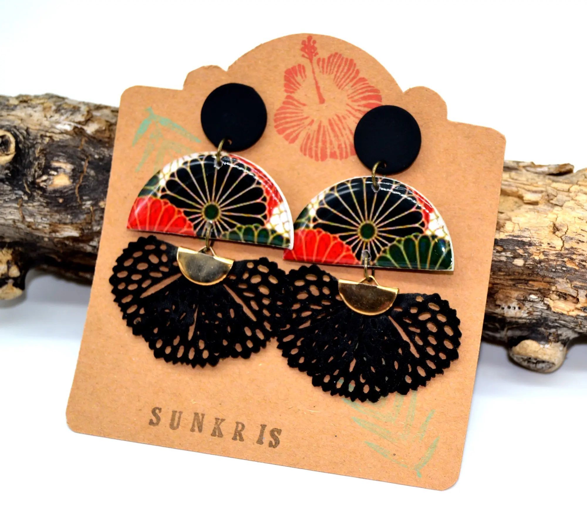 Resin and paper earrings Japanese pattern flowers red green white black