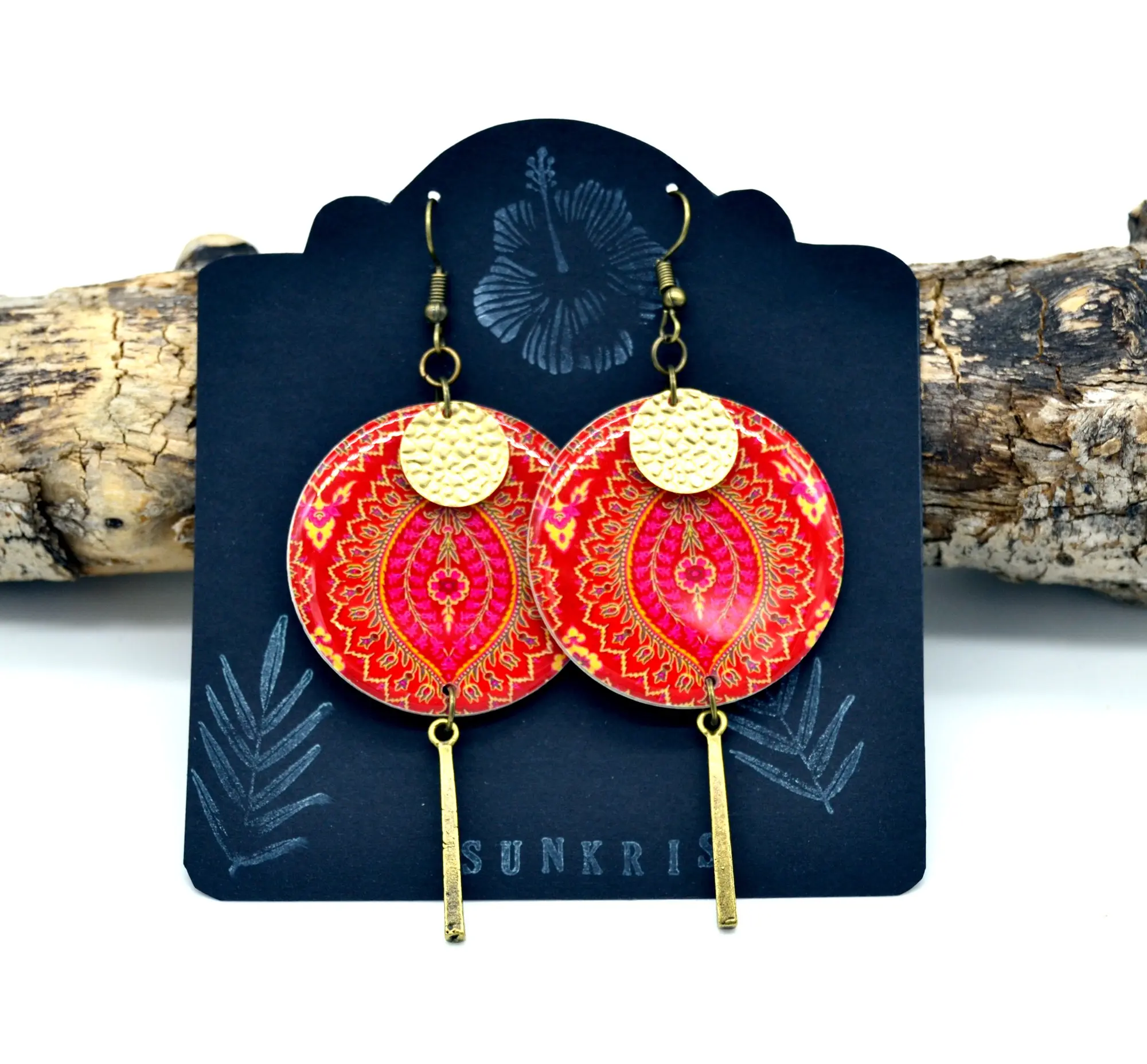 Indian ethnic resin earrings red, gold, paisley patterns