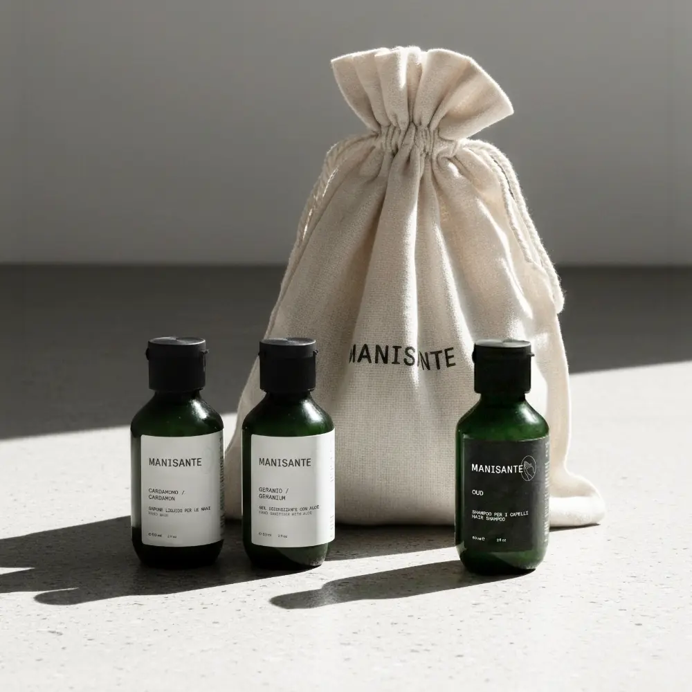 Travel Kit / Hand soap, Shower gel, Shampoo, vegan, natural based, sustainable packaging, recyclable pet containers, made in Italy, not tested on animals
