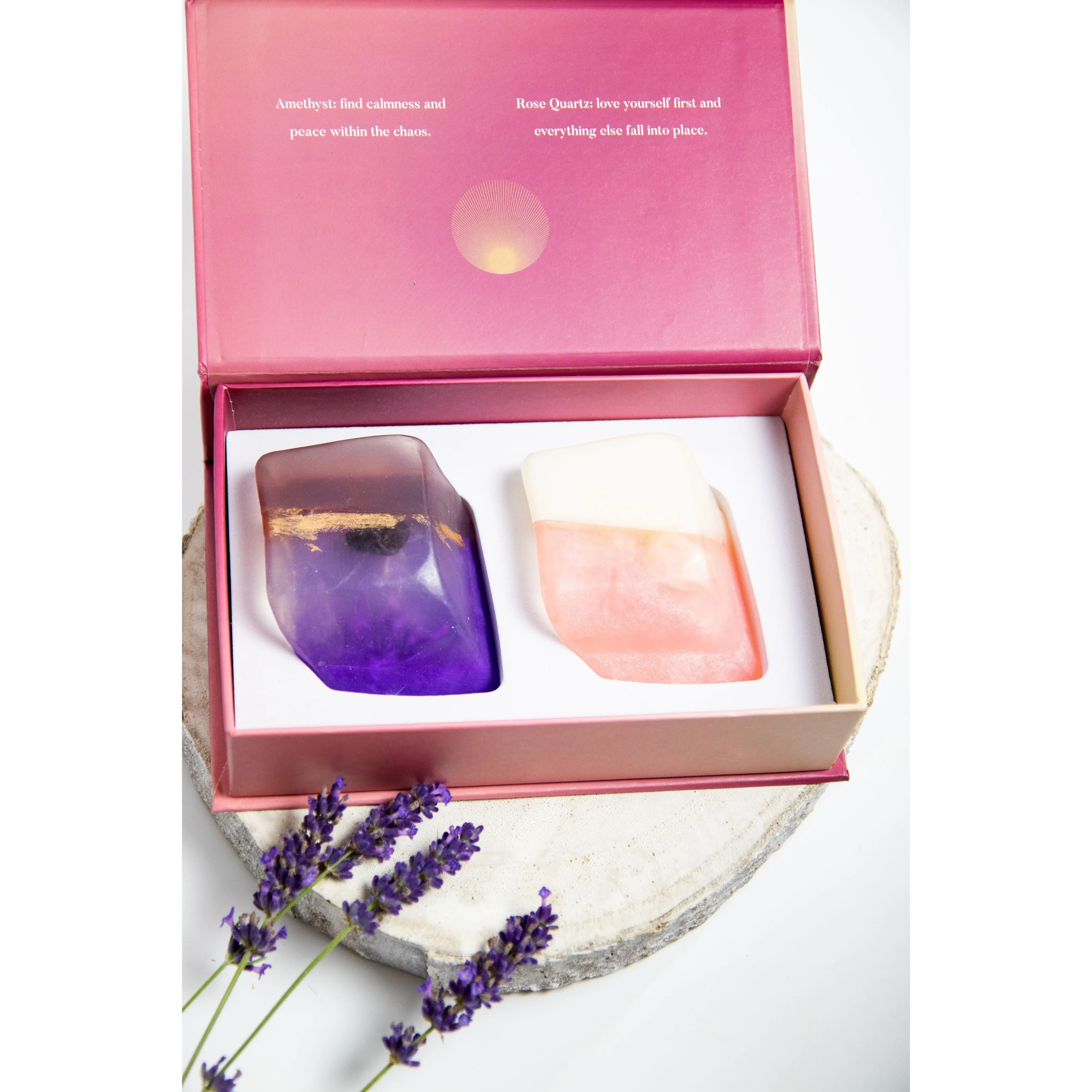set de regalo de jabón de cristal amatista y cuartos de rosa