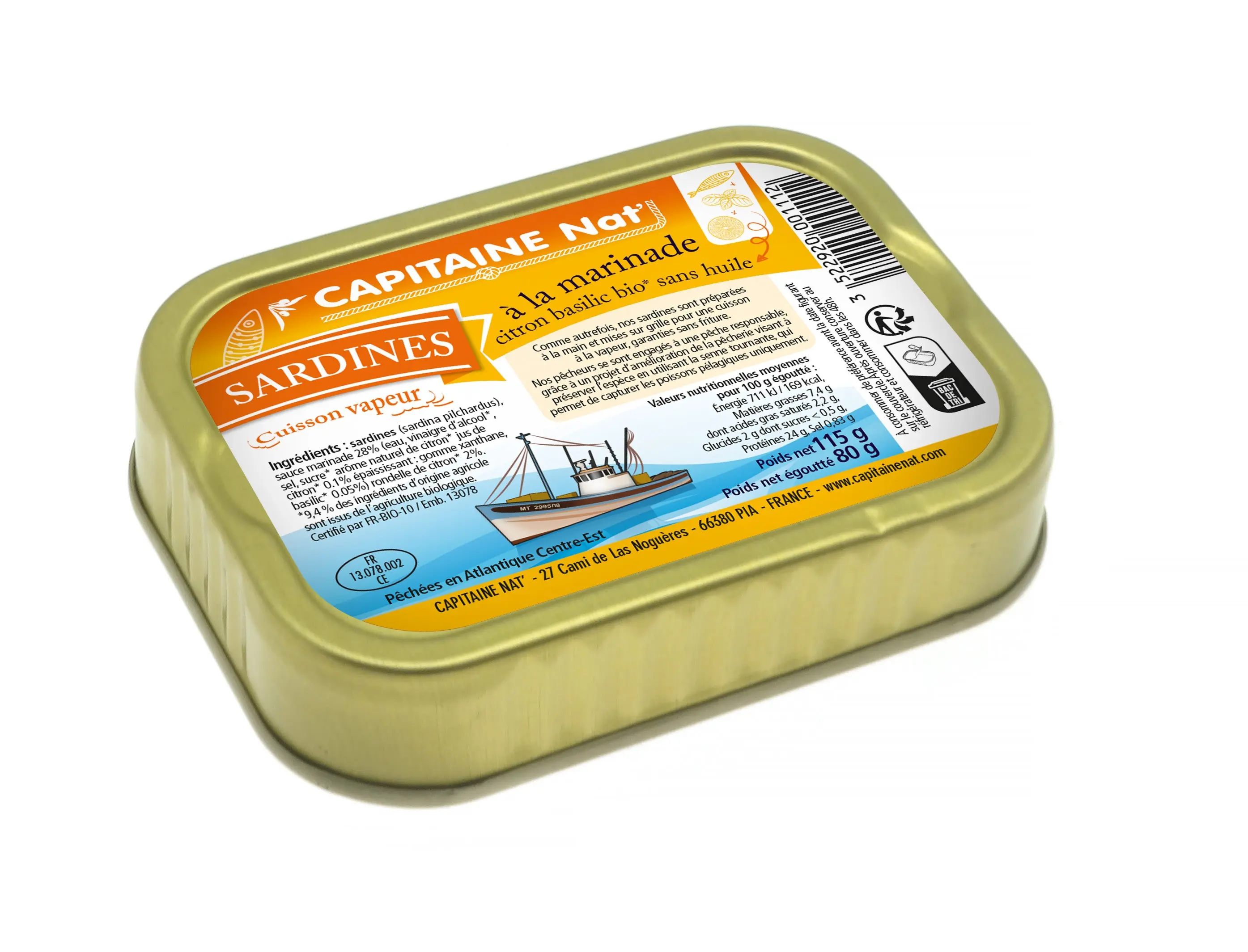CONSERVAS DE PESCADO Sardinas en adobo de limón y albahaca ecológico* sin aceite 115g