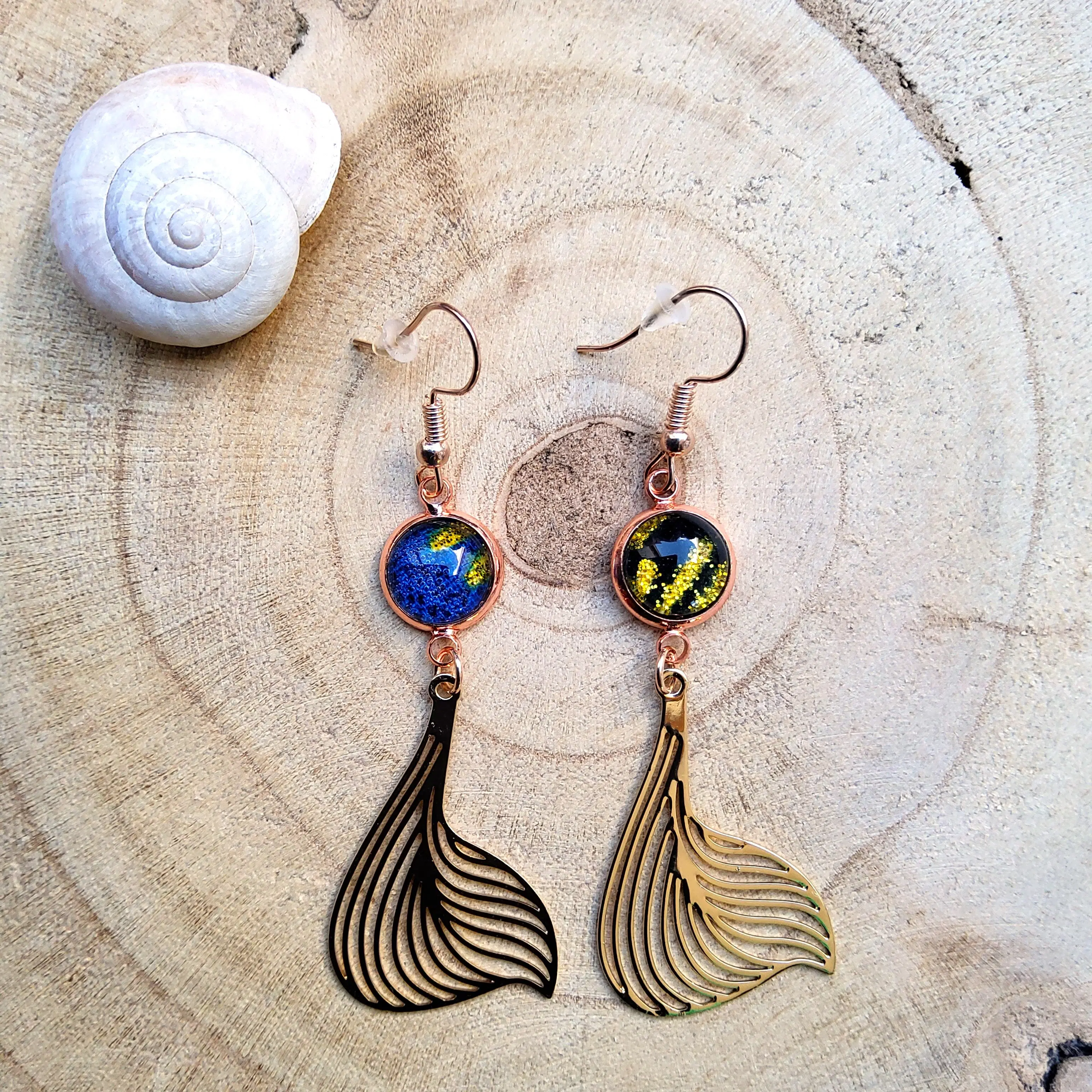 Ariel Blue earrings, in hard blue and midnight blue wax fabric, "kc gold" metal