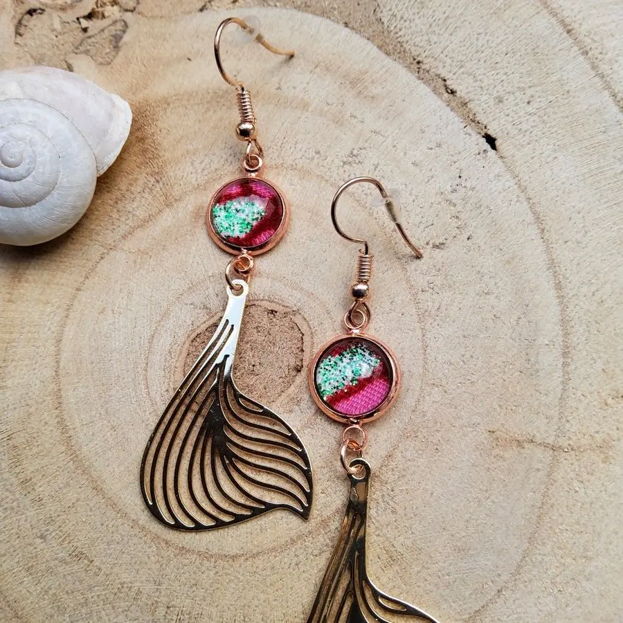 Ariel Rose earrings, in pink and green wax fabric, "kc gold" metal