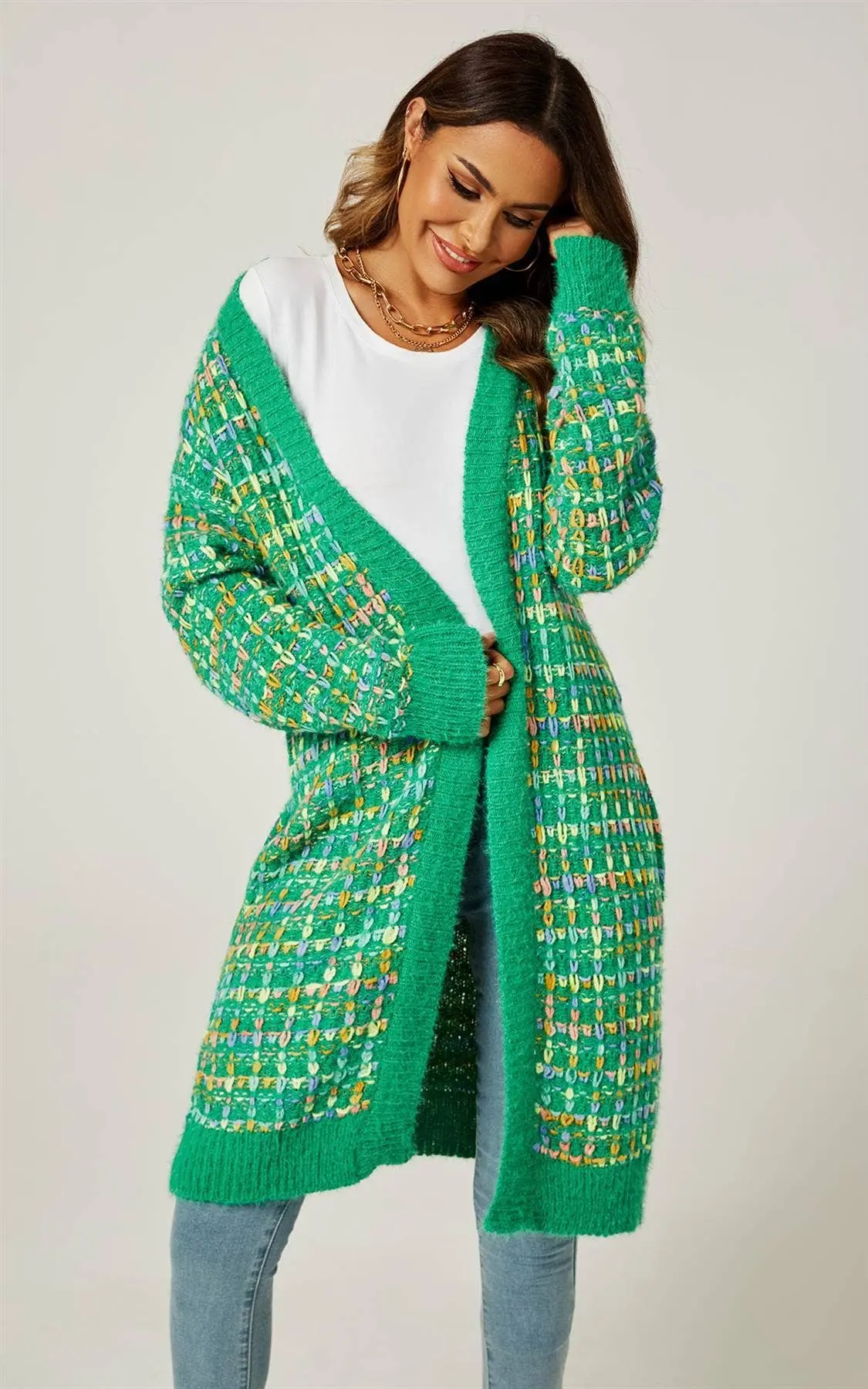 Green Boucle Check Cardigan In Rainbow Multicolour Speckles