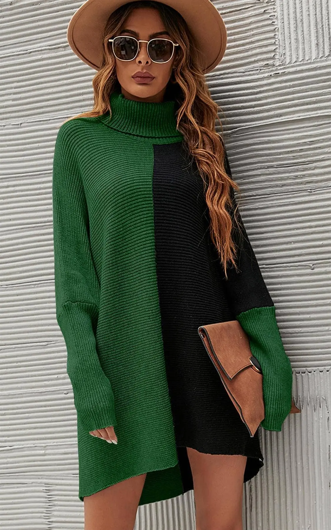 High Neck Half Forest Green & Black Block Color Jumper Top