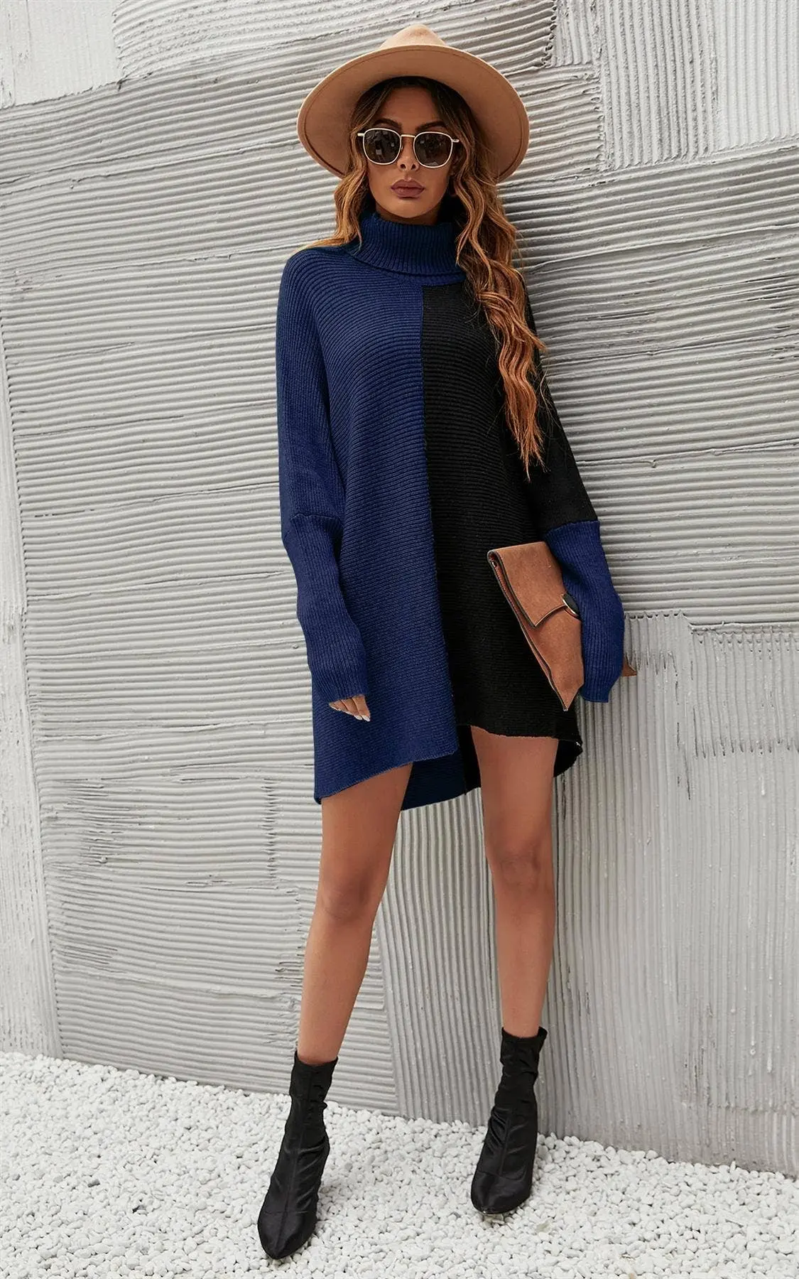 High Neck Half Forest Navy & Black Block Color Jumper Top