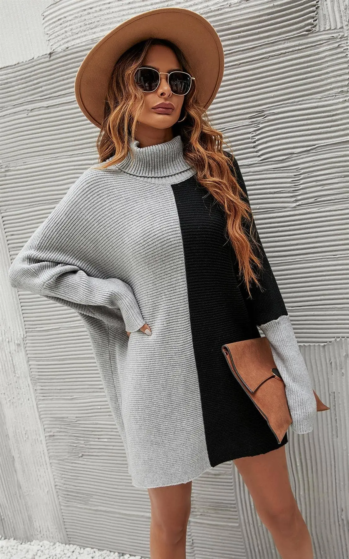 High Neck Half Gray & Black Block Color Jumper Top