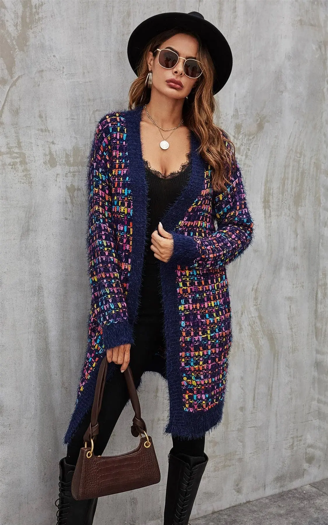 Pink mix Multi color Speckles Boucle Check Cardigen In Navy