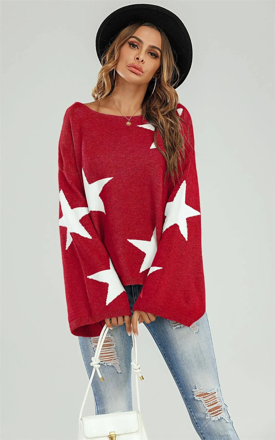 Wide Sleeve Oversized Red Jumper With White Star