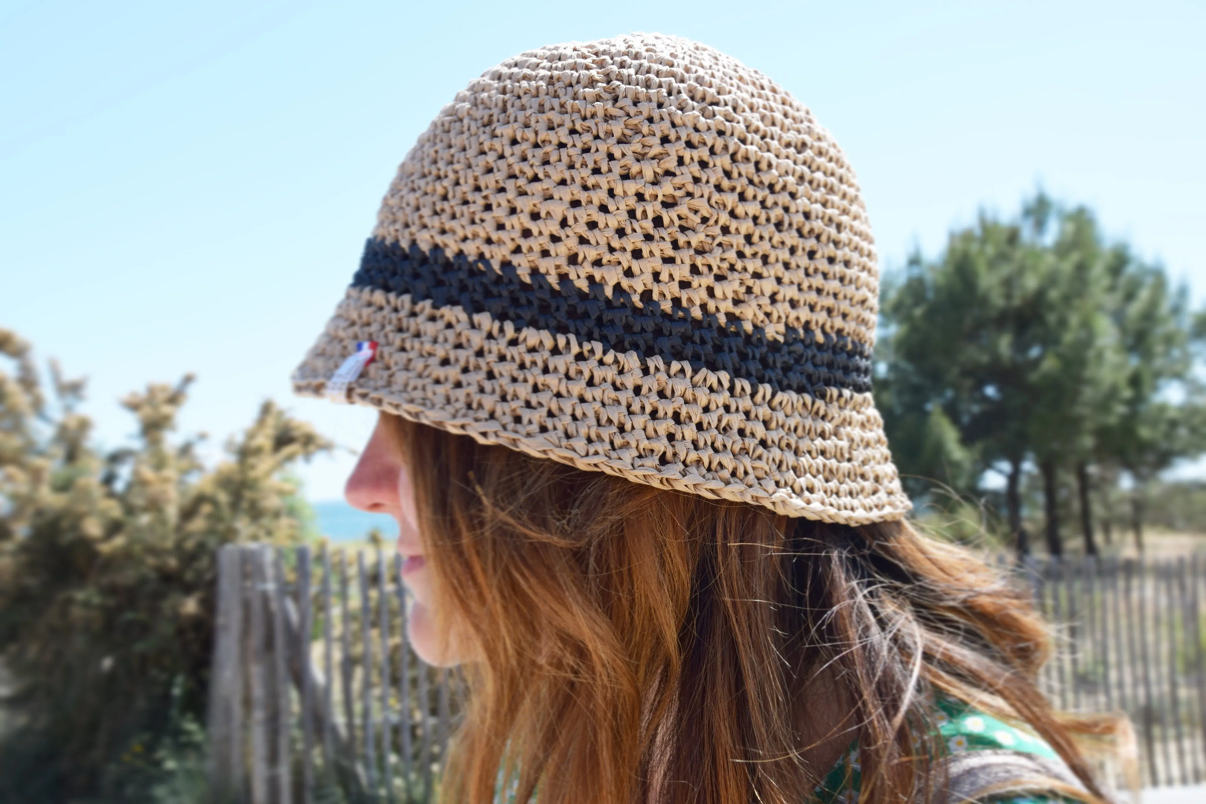 Woman's Special Holiday Bucket hat in natural raffia, hand-crocheted