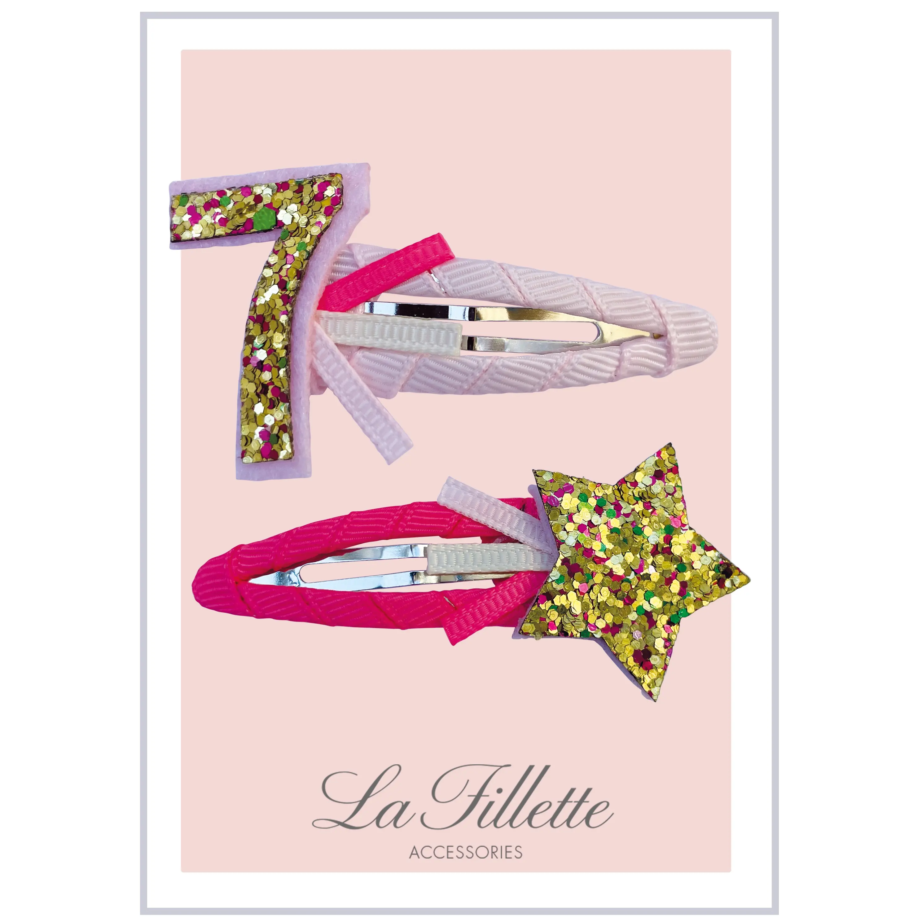 Star and number 7 set in powder pink and neon coral gold