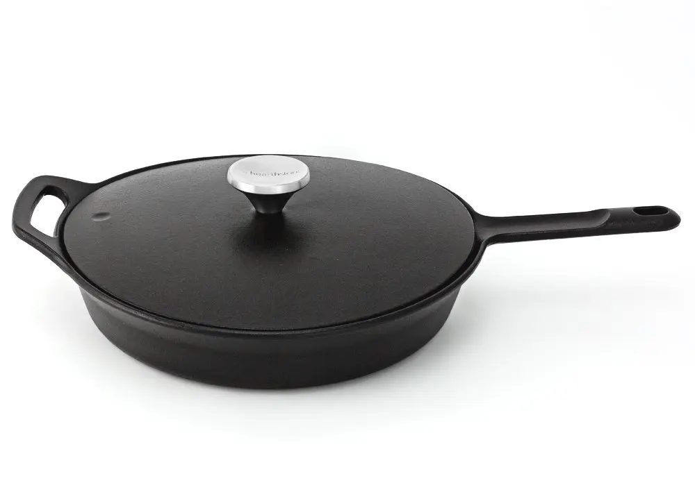 Pearl Cast Iron Enamelled Frying Pan with Lid, Satin Black, 26cm.