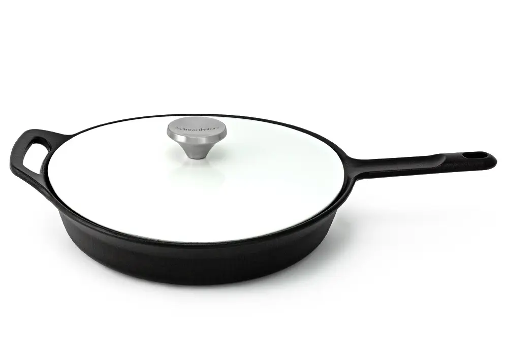 Pearl Cast Iron Enamelled Frying Pan with Lid, White, 26cm.