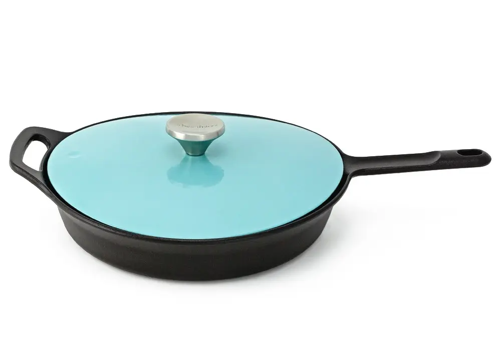 Pearl Cast Iron Enameled Frying Pan with Lid, Turquoise, 26cm.